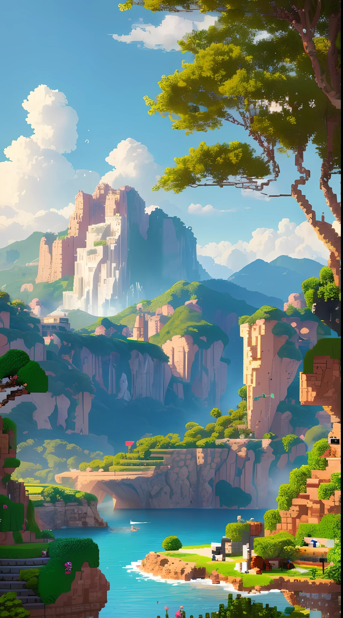 (Paisagem Pixel): masterpiece, best quality, ultra-detailed, high resolution, dynamic composition, beautiful pixel art scenery, contrasting colors, soft lighting, vibrant environment.