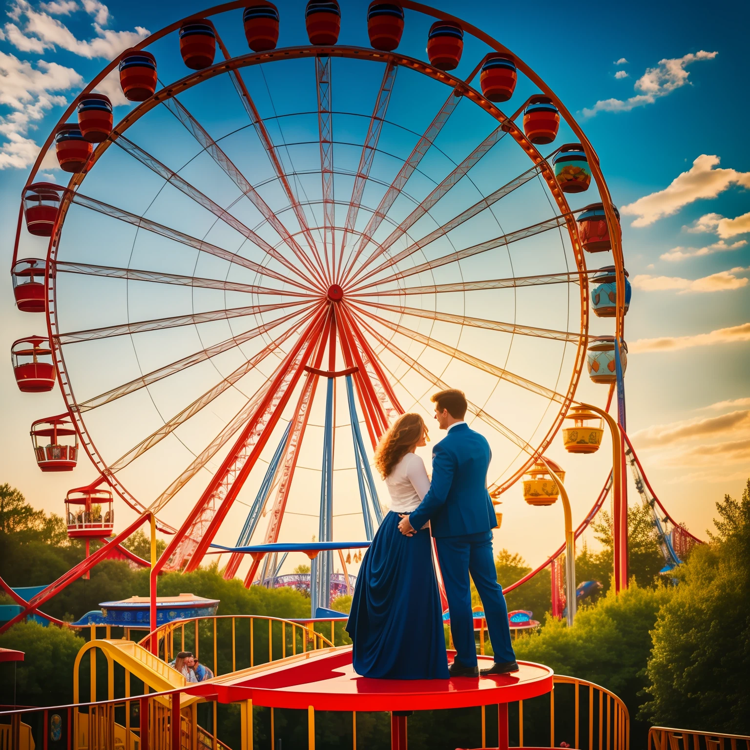 A couple on a Ferris wheel, amusement park, inspired by Edward Robert Hughes