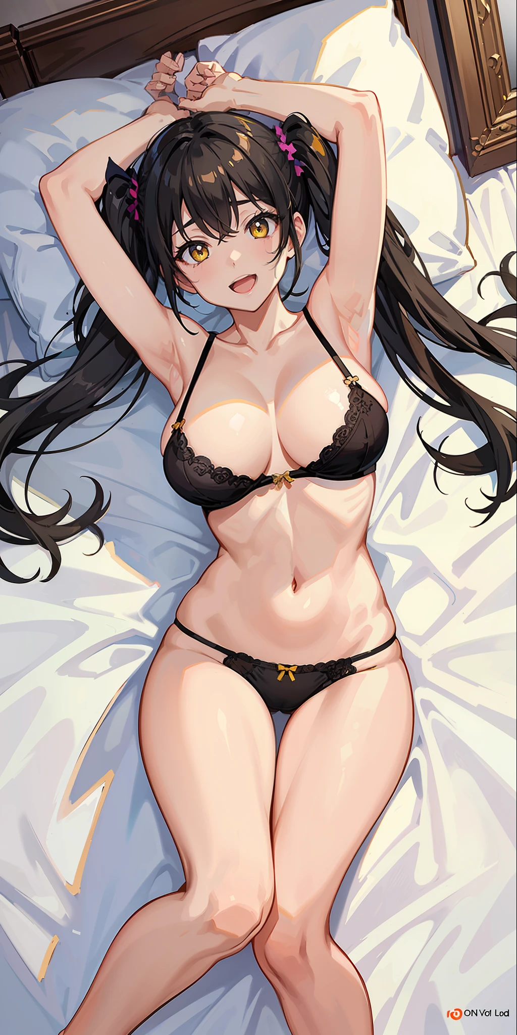 Masterpiece, superior quality, high resolution, solo, large breasts, yellow eyes and black hair twintail, indoors, bra, thong, (reaching: 1.2), lying, from above, open arms, smile, bed, shaggy underwear, open mouth