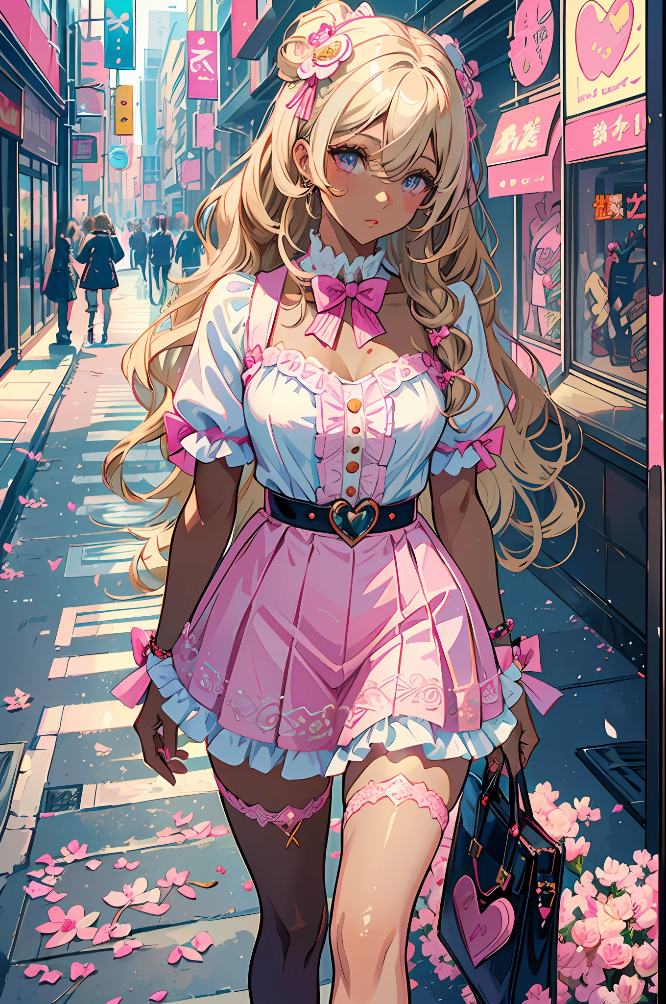 (A stylish and cool masterpiece) Girl in Shibuya, with Gyaru style clothing, (dark skin*1.1), (ash blonde hair + wavy hair*1.2), (hair accessories*1.3+flowers), (pink princess accessories*1.2), walking down the street with confidence, big pink bows, (lace white mini skirt), big pink belt, ruffles top