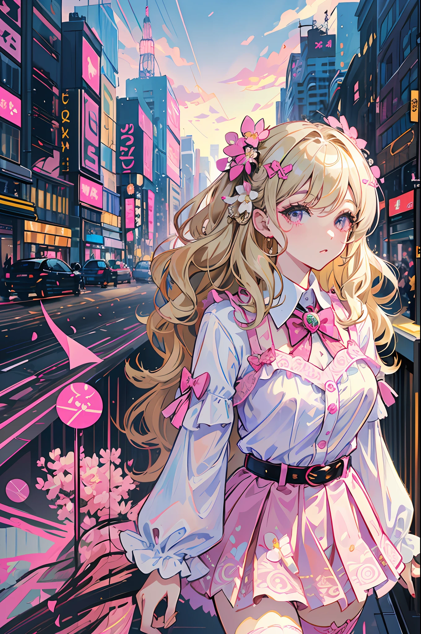 (A stylish and cool masterpiece) Girl in Shibuya, with Gyaru style clothing, (dark skin*1.1), (ash blonde hair + wavy hair*1.2), (hair accessories*1.3+flowers), (pink princess accessories*1.2), walking down the street with confidence, big pink bows, (lace white mini skirt), big pink belt, ruffles top