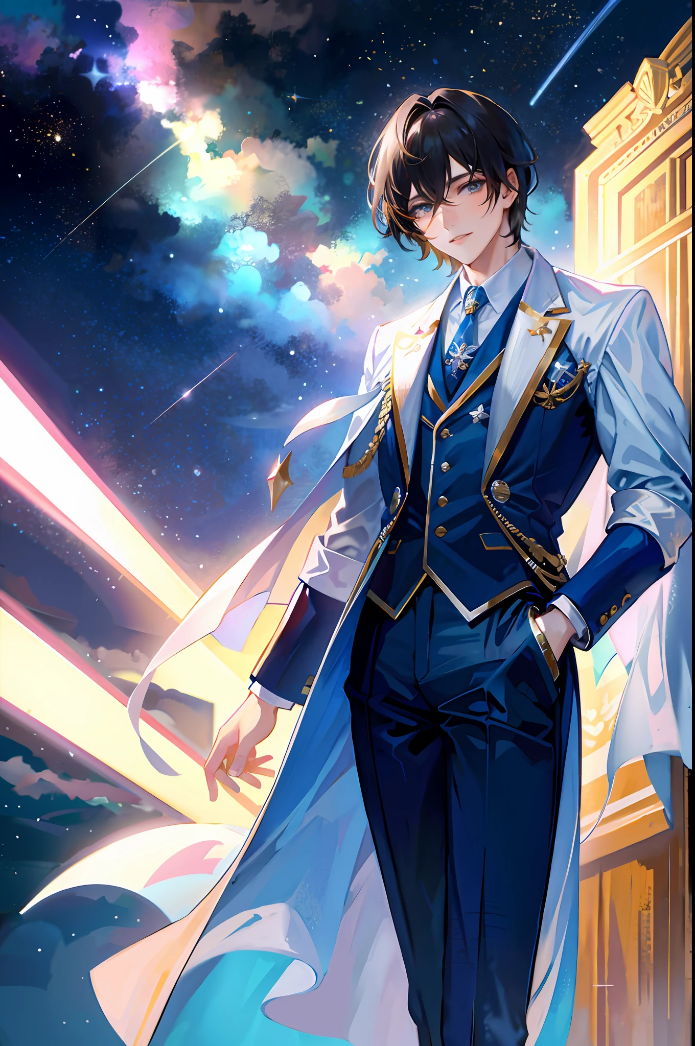 Masterpiece, in high quality, in a starry setting and with colorful clouds, featuring a young man in the spotlight.