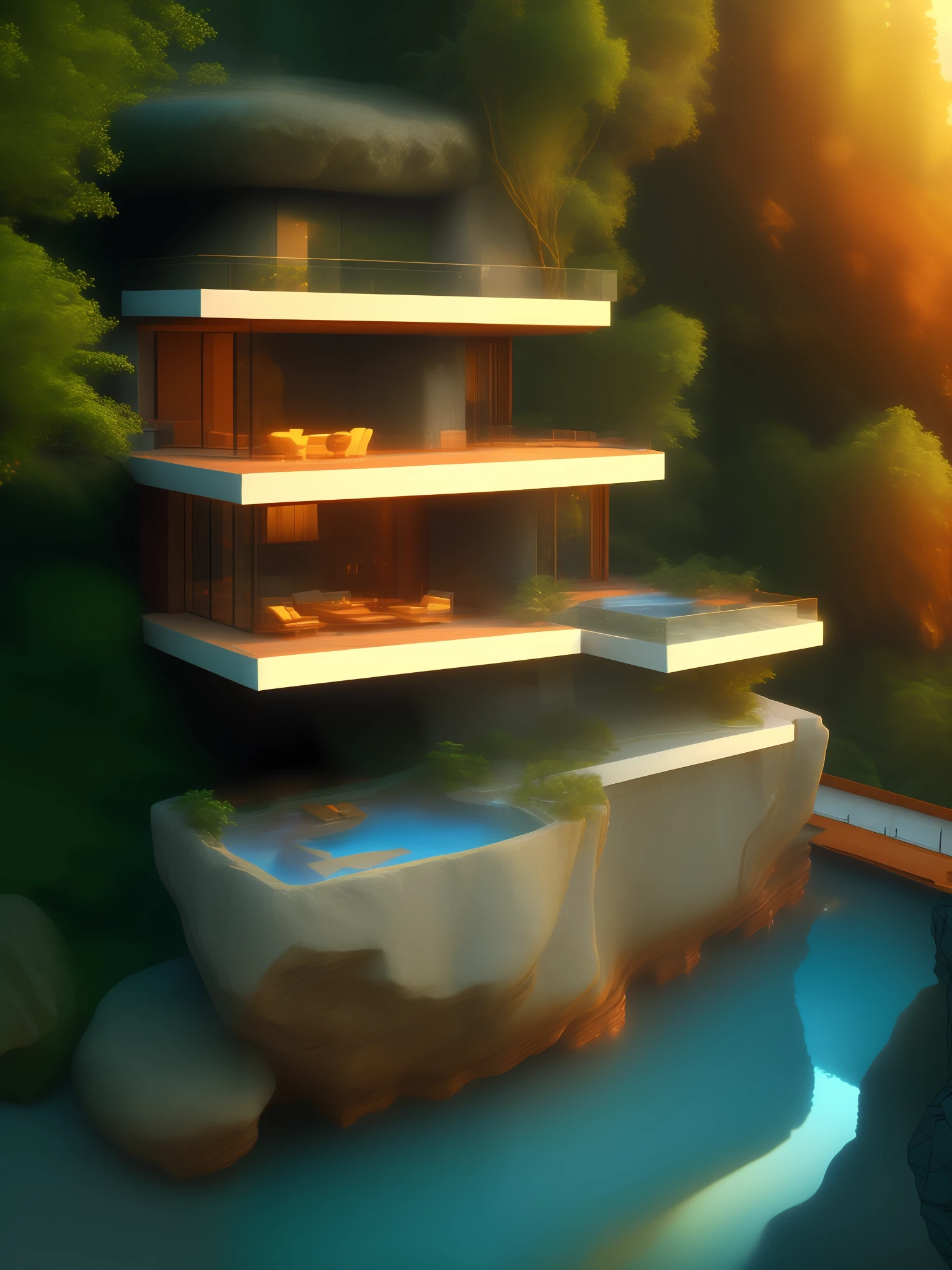 A house embedded in a rock cliff jungle, a river is running in the bottom forming a beach of blue water where the sun is shining, orange, infinite pool, wood deck, FUTURISTIc architecture, projections, architecture render, wood, granite, marble, steel, perfect light, beautiful rendering, great textures, photography, high quality lenses, long shot, long exposure gardens, sun light, lamps, warm, balcony, interior design, cozy, home, patio, access entrance, pool, glass, nature, isometric, water, gardens, cinematic light, haze, fog