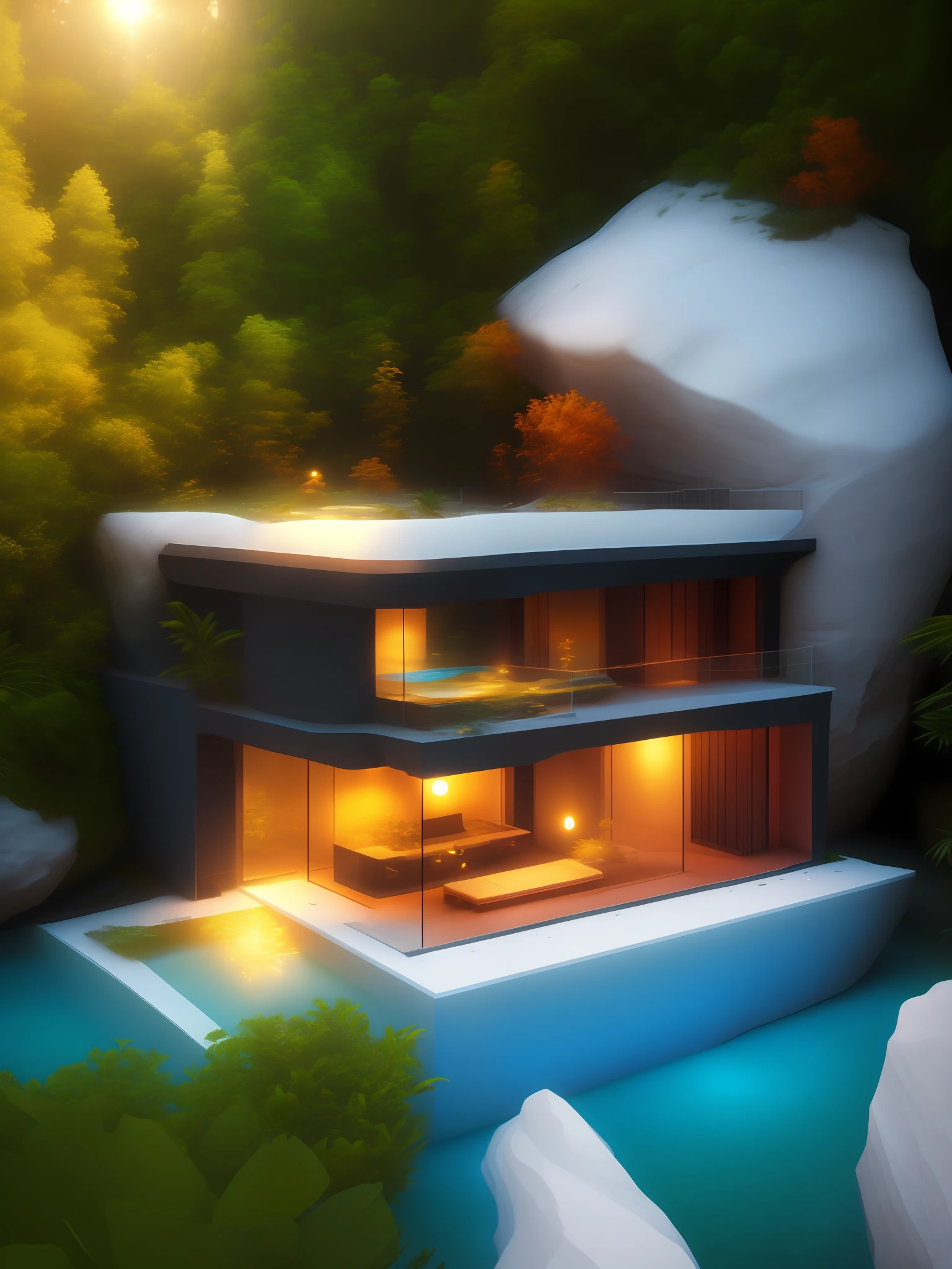 A house embedded in a rock cliff jungle, a river is running in the bottom forming a beach of blue water where the sun is shining, orange, infinite pool, wood deck, FUTURISTIc architecture, projections, architecture render, wood, granite, marble, steel, perfect light, beautiful rendering, great textures, photography, high quality lenses, long shot, long exposure gardens, sun light, lamps, warm, balcony, interior design, cozy, home, patio, access entrance, pool, glass, nature, isometric, water, gardens, cinematic light, haze, fog