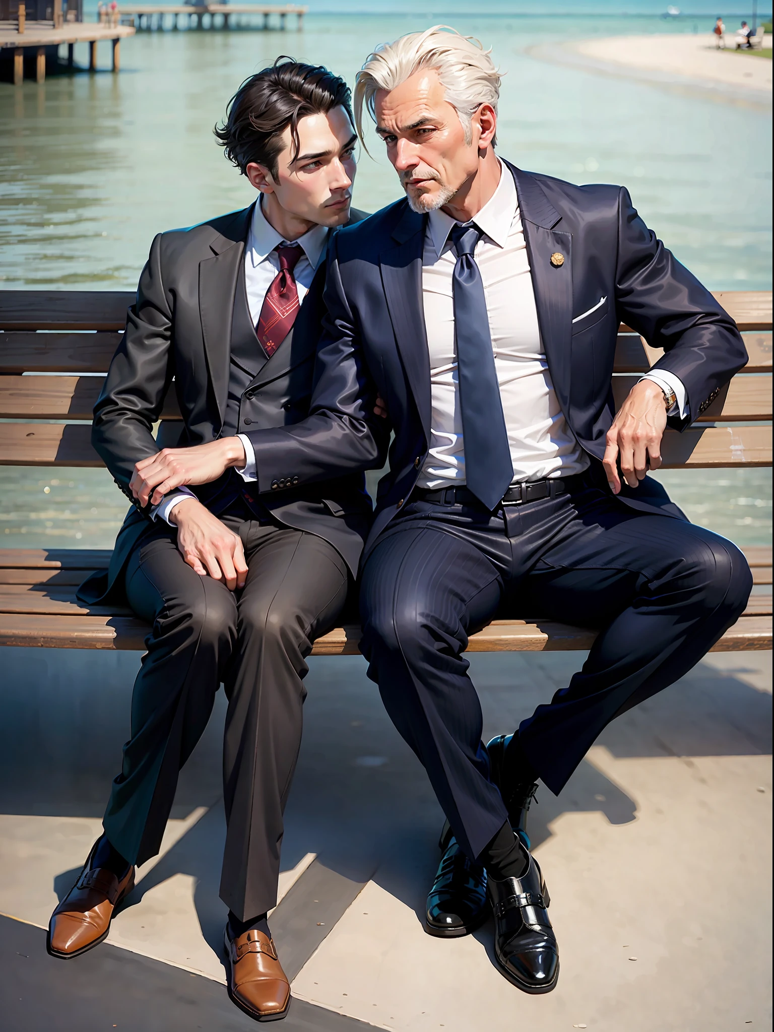 ((official art)), ((concept art)), two men in suits embraced and sitting on a bench on the pier