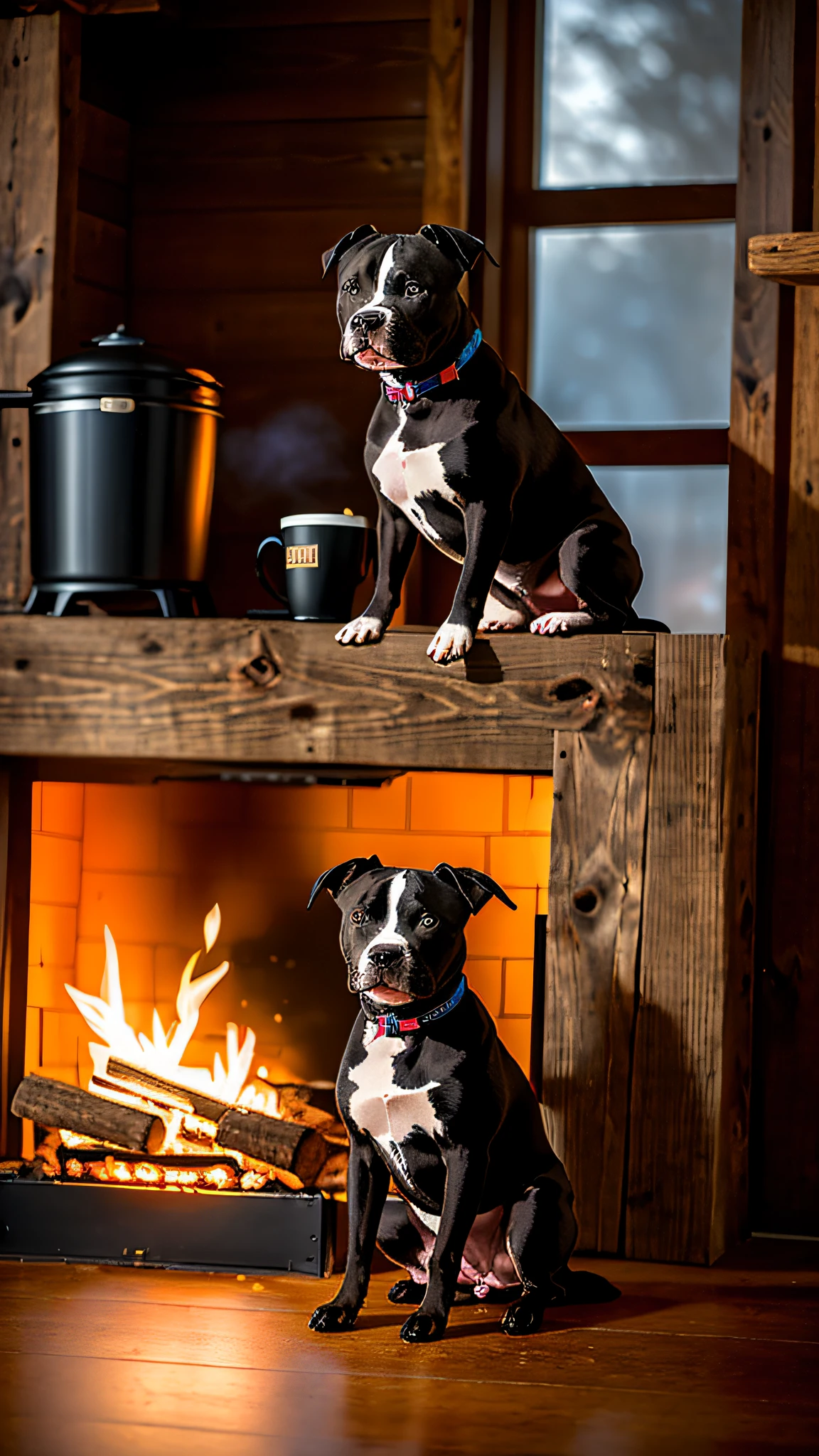 (1 a black pitbul dog and nranco:1.3) holding a cup of coffee, sitting, in a bathrobe, eating breakfast and holding a cup of coffee, coffee beans falling, diffuse lighting, rustic kitchen, wooden floor and chair, coffee maker and equipment, smoke, neon lights around, fireplace lit in the background, pile of firewood