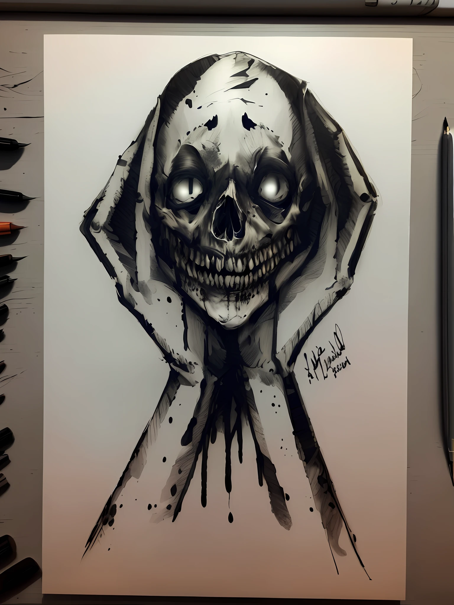 a drawing of a skull with a hood on it's head, unsettling grin, (inktober), mad grin, scary art, ink artwork, malevolent smile, wicked grin, creepy art, inspired by Junji Ito, an ink drawing, horror illustration, horror art, horrifying grin. horror, evil grin, horror smile, creepy smile, scary smile, BioPunkAI