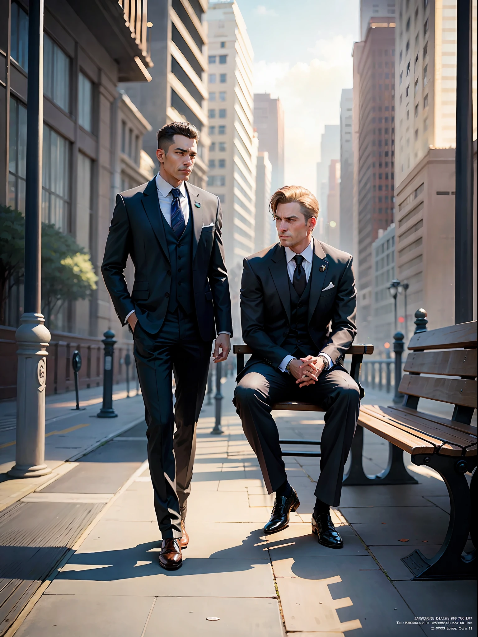((official art)), ((concept art)), two men in suits embraced and sitting on a bench on the pier