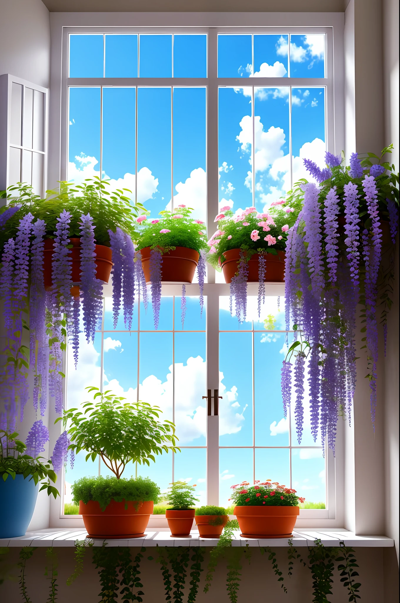 Clay flower pot, wisteria flowers, blue sky and white clouds, by the window, sunlight coming in, white curtains floating, many details, high quality, 8k