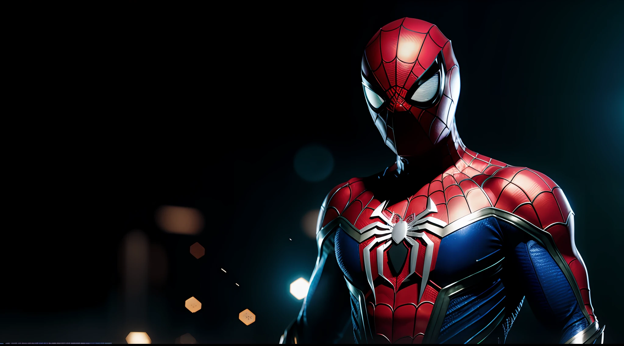 midjourny--v4 style, Professional Photoshot medium A spider-man perfectly played by Tom Hollando with highly detailed intricate cybernetic clothing, highly detailed beautiful face, standing in darkness with black particles surrounding the body, proportional body shape + perfect anatomy, symmetrical dynamic pose, volumetric shadow, effect of bright neon dust particles + detailed particles, render full hd + render octane 3d + unreal motor 5 4k UHD graphic + immense  detail + dramatic lighting + well-lit + intricate + fine detail + octane rendering + Ray tracing + 8k + sharp focus + vibrant high contrast, Marvel-style, trending on ArtStation