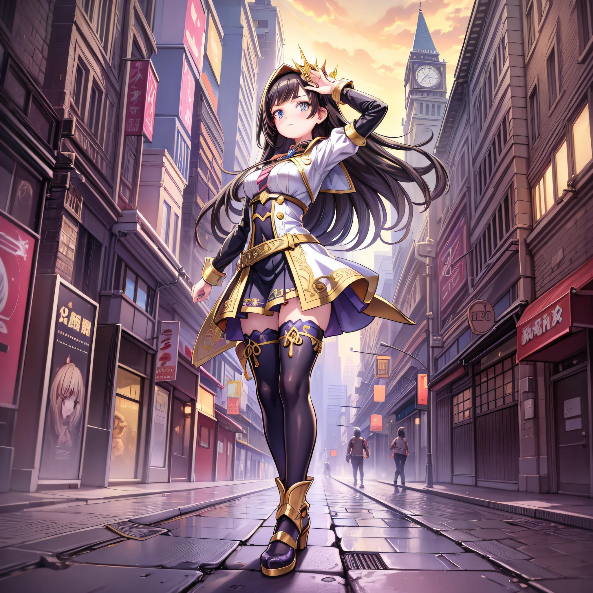 retroanime style, global view, pencil stretch, artwork, a girl, soft hair, wears fantasy outfit, street, golden ratio, sharp focus, dynamic pose, perfect composition, character render, atmospheric, brights tones, highly detailed, duotono colors