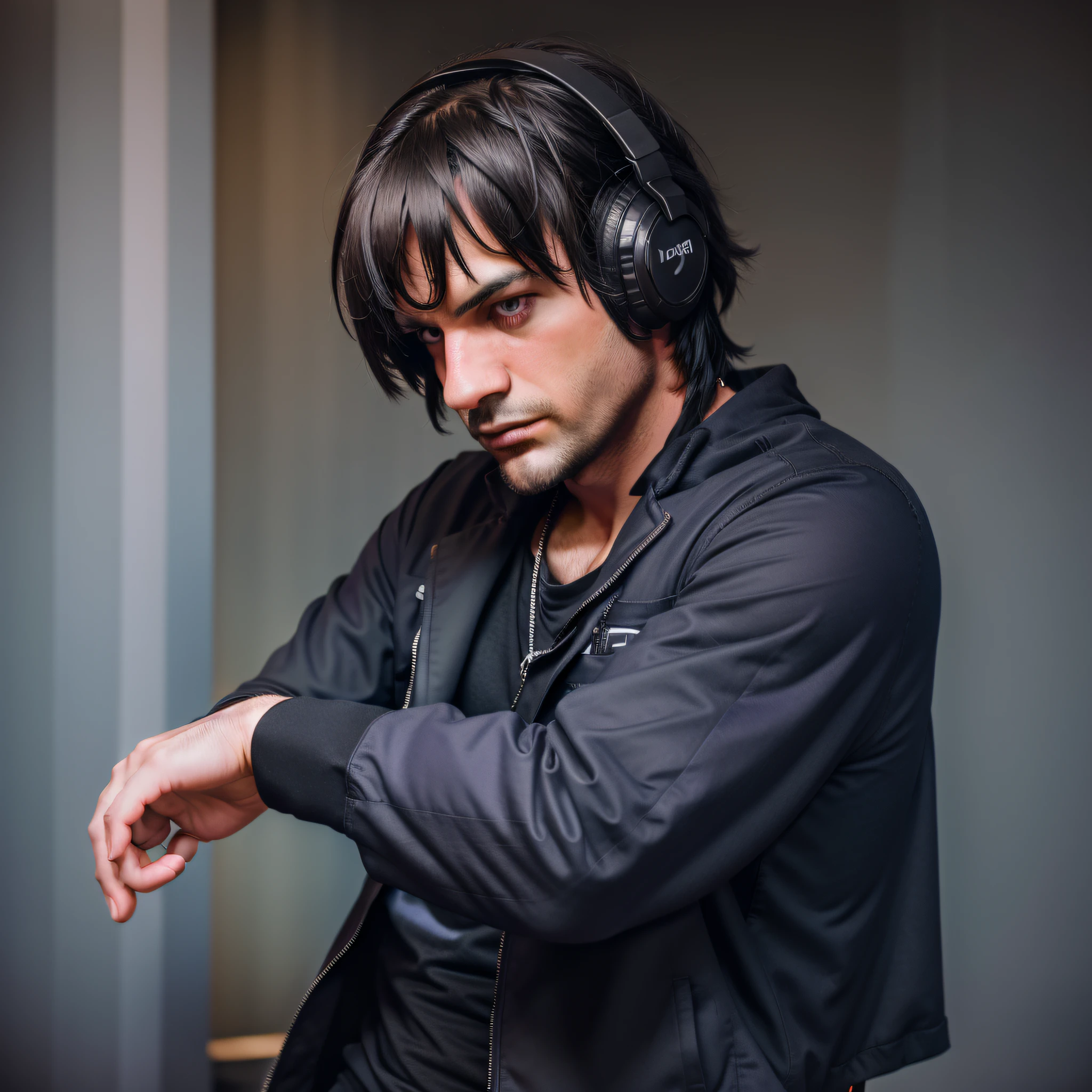 "DJ MAN IN DARK CLOTHES", subtle shadow, stage lighting, blurry and dynamic lighting, low angle shot, dynamic sound viewing hud, lots of smoke, night atmosphere, purple neon lights.