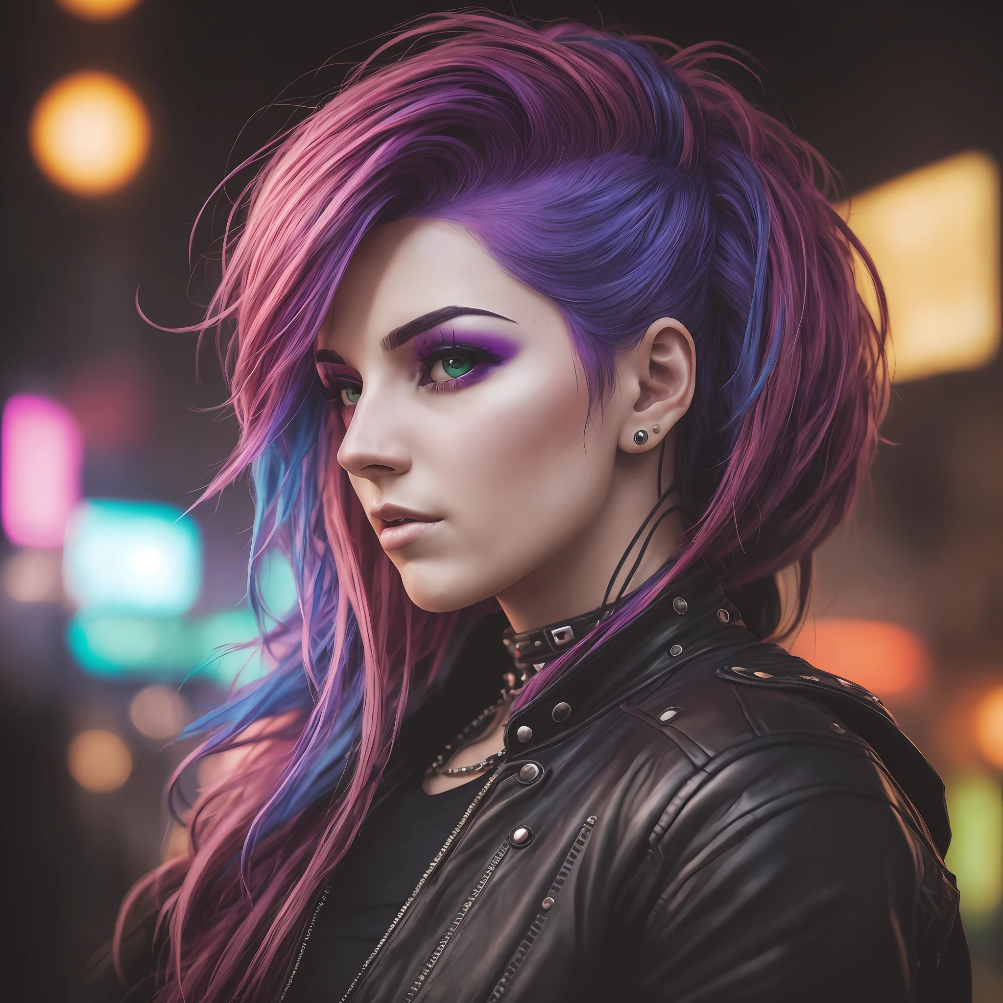 A woman with colorful hair style cyberpunk, sharp facial features, cinematic, 35mm lens, f/1.8, highlight lighting, global lighting –uplight –v 4 -imagine --auto --s2