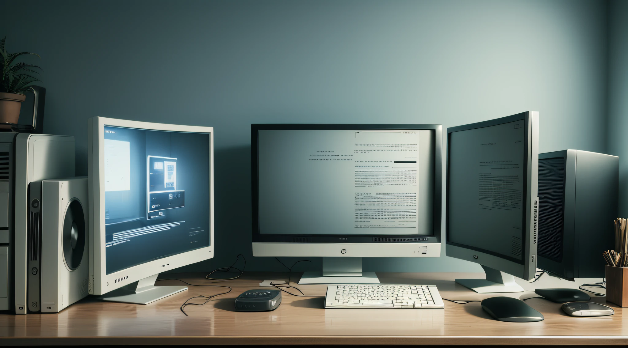 film still, tv switer, flawless, modern, technological, 2080s sitcom style, 2 computer monitors, no paintings, sophisticated, symbolic --auto --s2