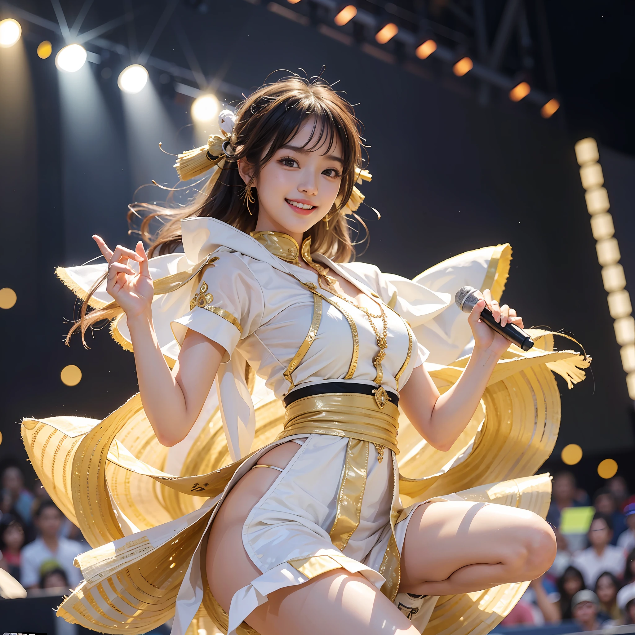 8k, highest quality, high resolution, realistic, real person, live stage with a large audience, one girl, young and cute Japan idol, wheat-colored skin, big, long and beautiful legs, dancing violently in various poses while smiling on stage, holding microphone in hand, revealing gorgeous costume, beautiful light up