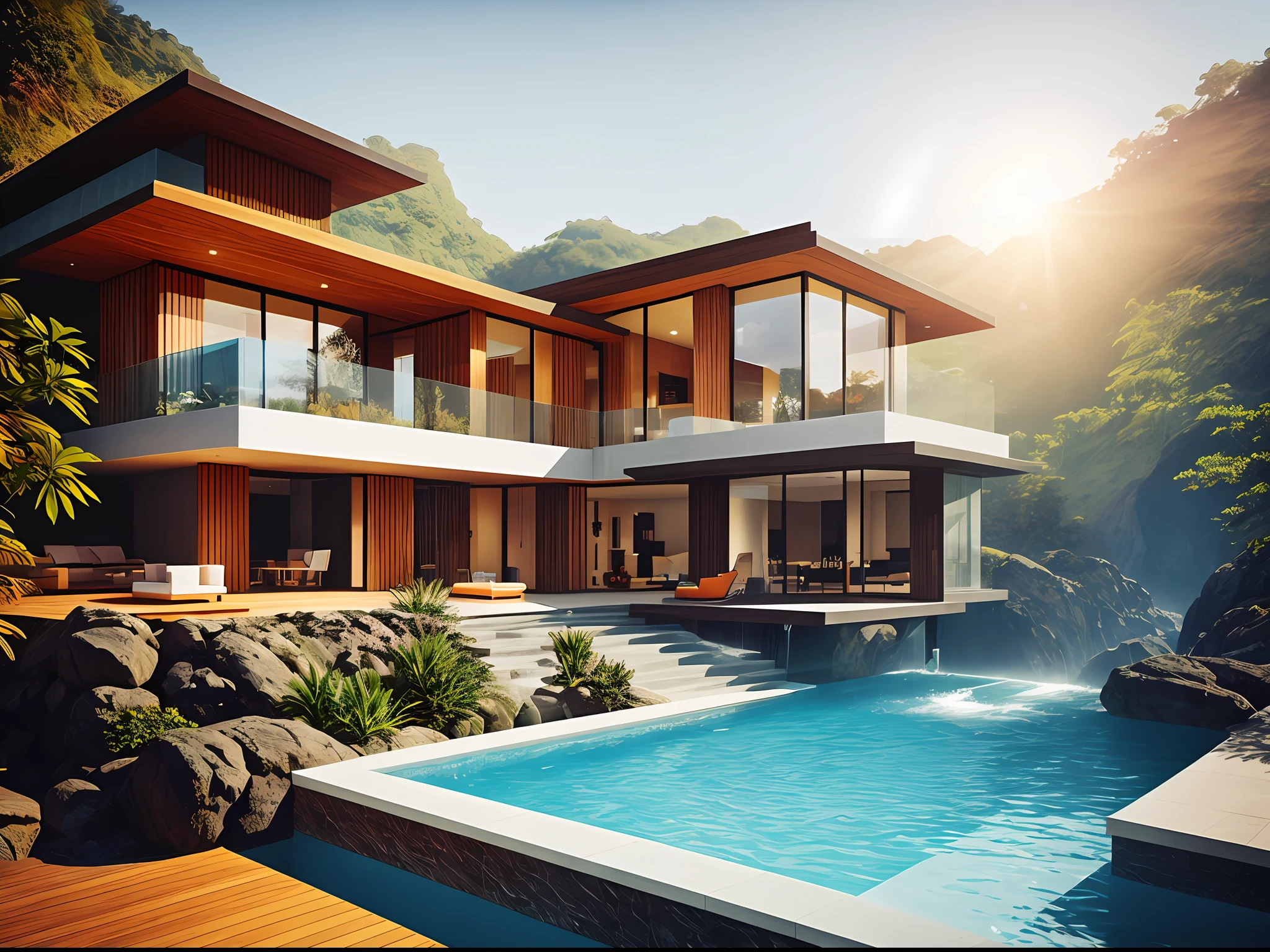 A house embedded in a rock cliff jungle, a river is running in the bottom forming a beach of blue water where the sun is shining, orange, infinite pool, wood deck, FUTURISTIc architecture, projections, architecture render, wood, granite, marble, steel, perfect light, beautiful rendering, great textures, photography, high quality lenses, long shot, long exposure gardens, sun light, lamps, warm, balcony, interior design, cozy, home, patio, access entrance, pool, glass, nature, isometric, water, gardens, cinematic light, haze, fog