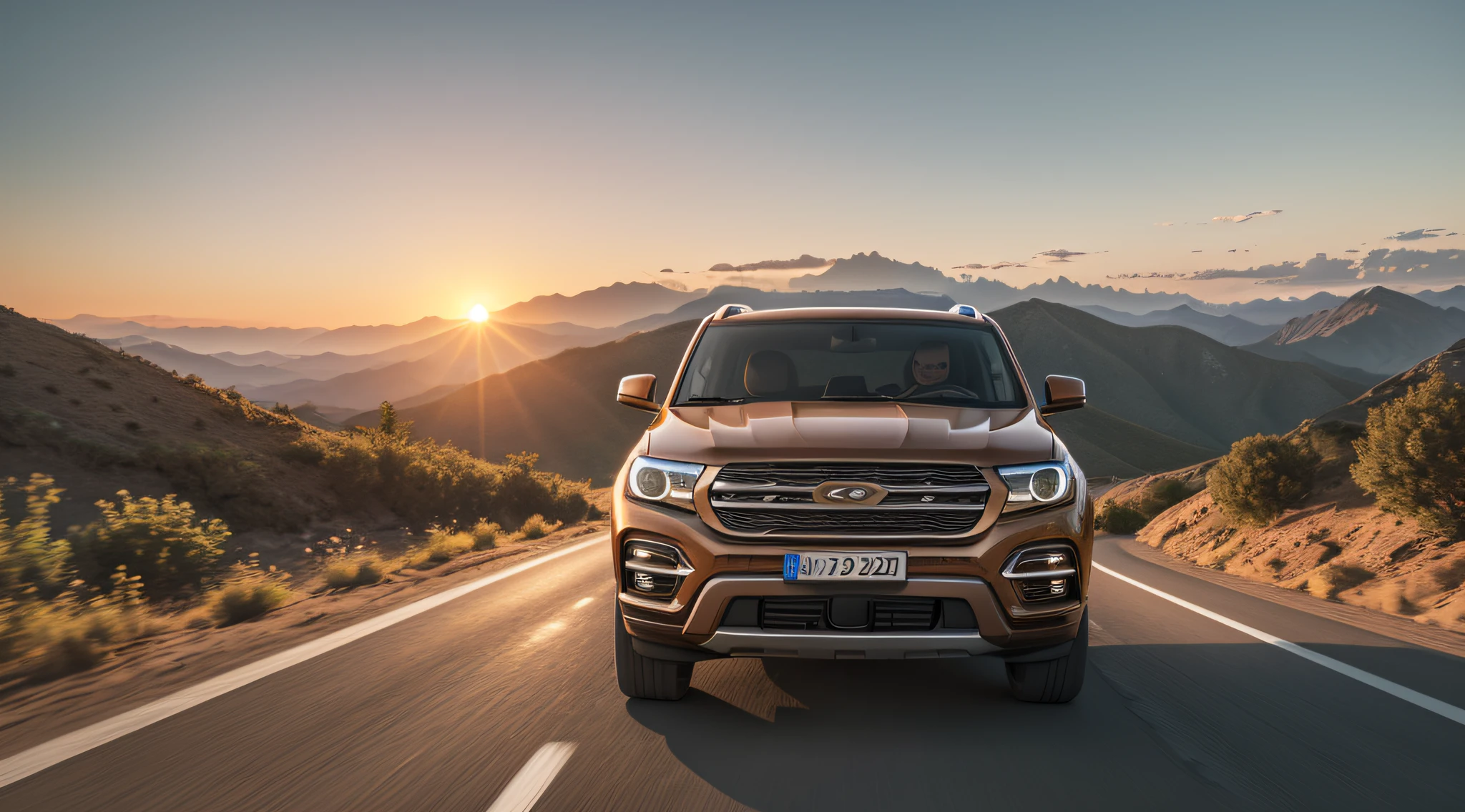 masterpiece, best quality, realistic, photorealistic, photo of a brown SUV being driven in a mountainous setting at sunset, cinematic wonder, 8k, uhd, sharp focus --auto --s2