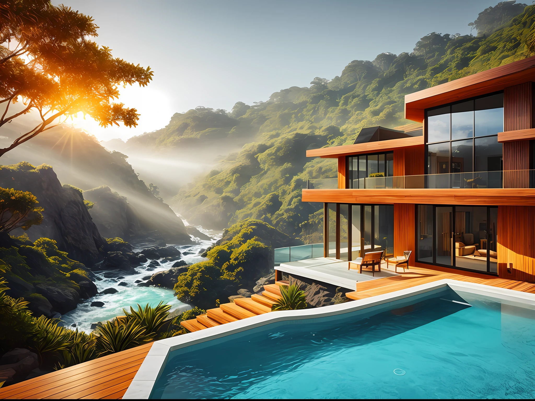 A house embedded in a rock cliff jungle, a river is running in the bottom forming a beach of blue water where the sun is shining, orange, infinite pool, wood deck, FUTURISTIc architecture, projections, architecture render, wood, granite, marble, steel, perfect light, beautiful rendering, great textures, photography, high quality lenses, long shot, long exposure gardens, sun light, lamps, warm, balcony, interior design, cozy, home, patio, access entrance, pool, glass, nature, isometric, water, gardens, cinematic light, haze, fog