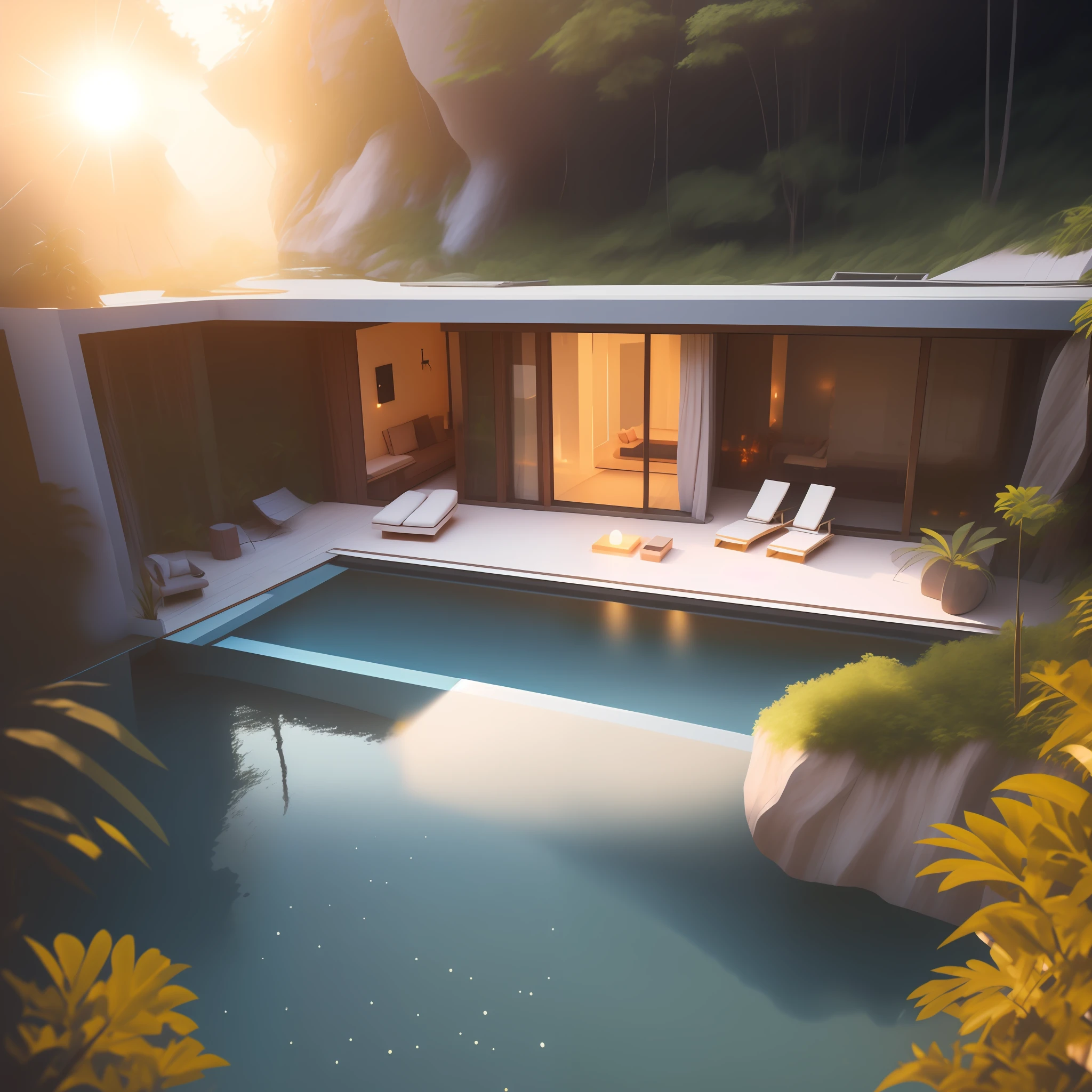 A house embedded in a rock cliff jungle, a river is running in the bottom forming a beach of blue water where the sun is shining, orange, infinite pool, wood deck, FUTURISTIc architecture, projections, architecture render, wood, granite, marble, steel, perfect light, beautiful rendering, great textures, photography, high quality lenses, long shot, long exposure gardens, sun light, lamps, warm, balcony, interior design, cozy, home, patio, access entrance, pool, glass, nature, isometric, water, gardens, cinematic light, haze, fog