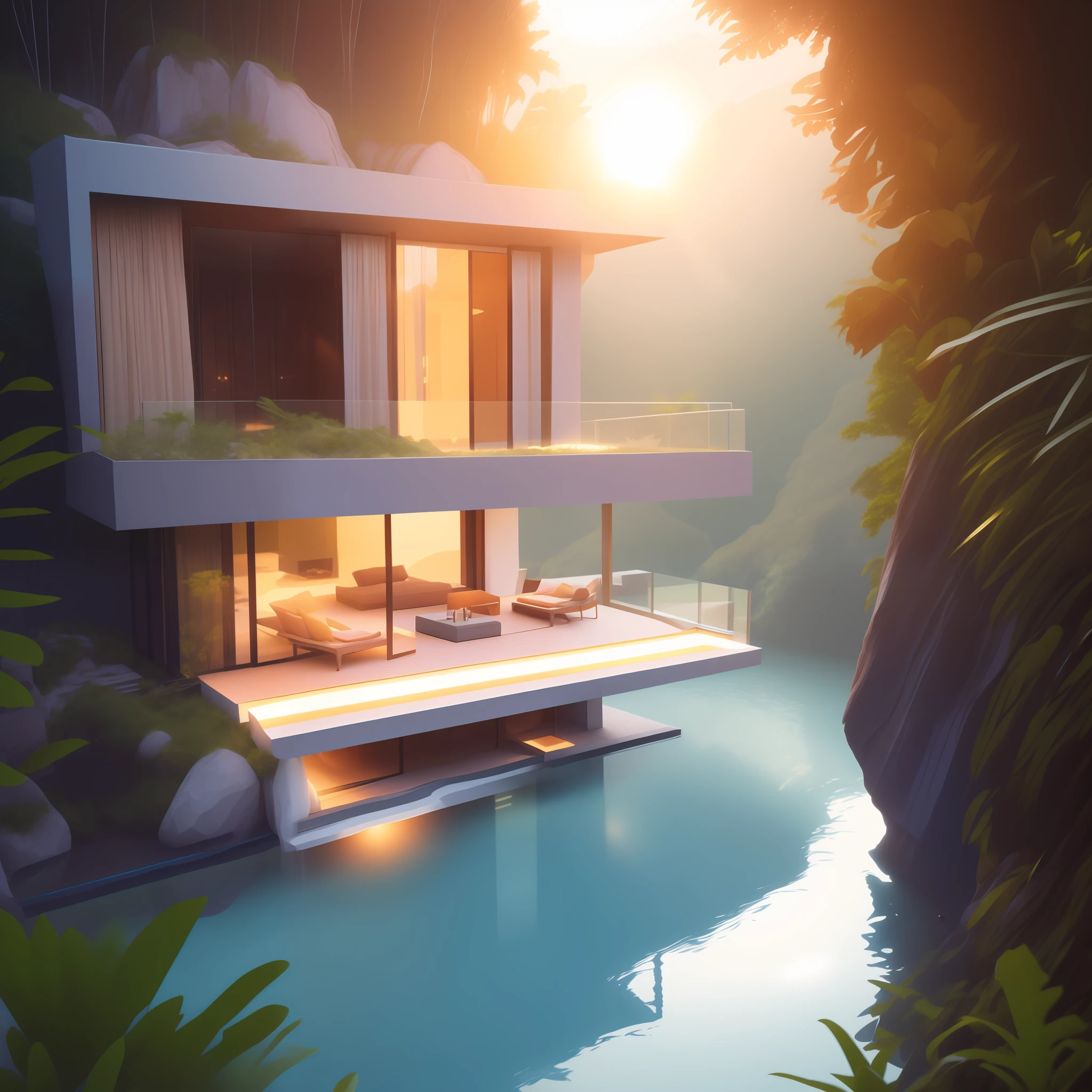 A house embedded in a rock cliff jungle, a river is running in the bottom forming a beach of blue water where the sun is shining, orange, infinite pool, wood deck, FUTURISTIc architecture, projections, architecture render, wood, granite, marble, steel, perfect light, beautiful rendering, great textures, photography, high quality lenses, long shot, long exposure gardens, sun light, lamps, warm, balcony, interior design, cozy, home, patio, access entrance, pool, glass, nature, isometric, water, gardens, cinematic light, haze, fog