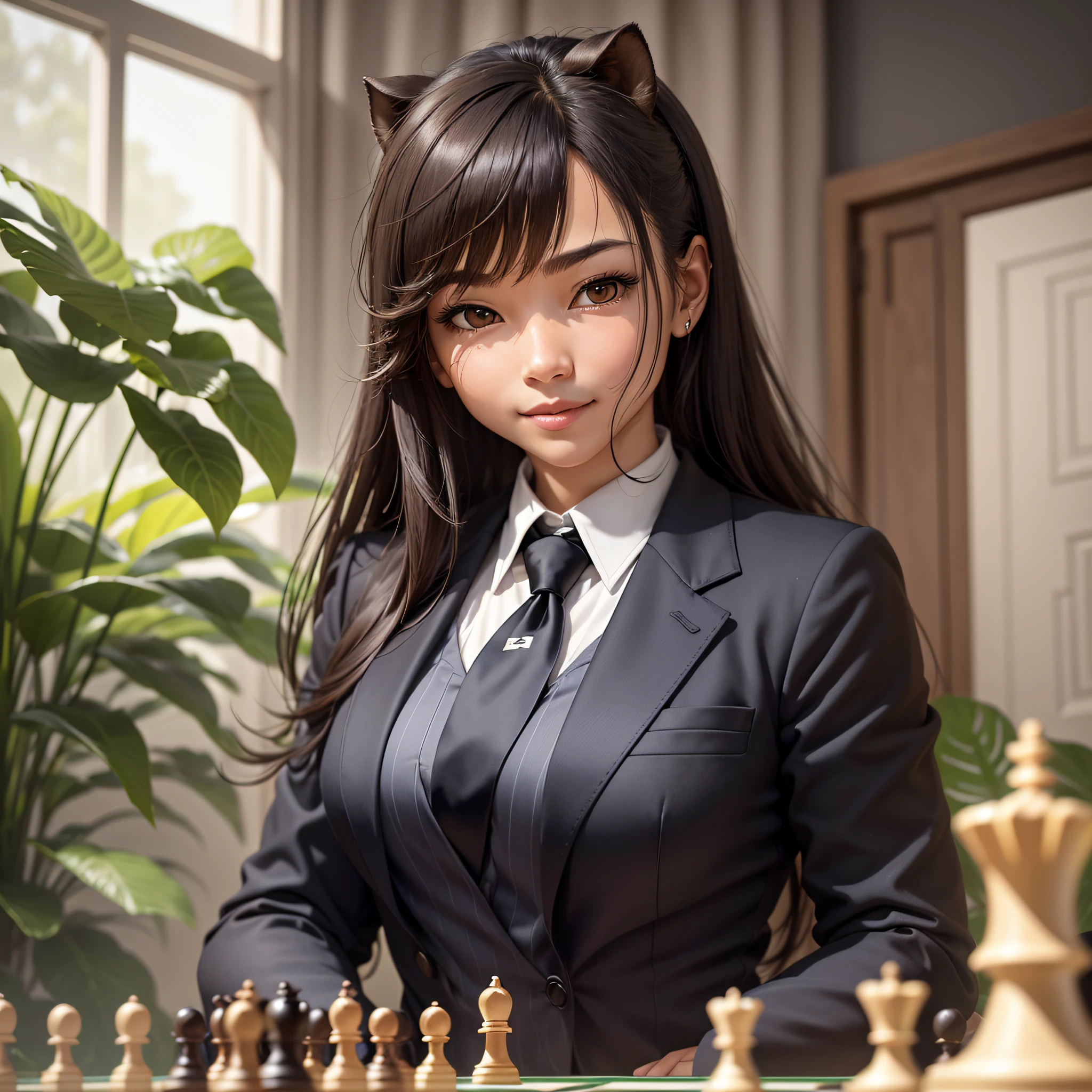 "The human-shaped capybara is dressed in a black suit, with an impeccably starched white shirt and a striped tie. His hands are large and skilled, moving the chess pieces with dexterity and precision. She seems engrossed in her game, not caring about the time that has passed or what is happening around her.
The room is quiet and well-lit, with white curtains that let natural light in abundance. The air is fresh and clean, with a soft aroma of flowers coming from the garden outside. The capybara is completely immersed in her chess game, her face determined and concentrated as she calculates every move.
Suddenly, she makes a brilliant move, leaving her imaginary opponent with no way out. A satisfied smile spreads across the capybara's face as she looks at her newly placed piece on the board. She is confident, knowing that the victory is hers and that she has mastered the game with her unparalleled chess skill and strategy." --auto --s2
