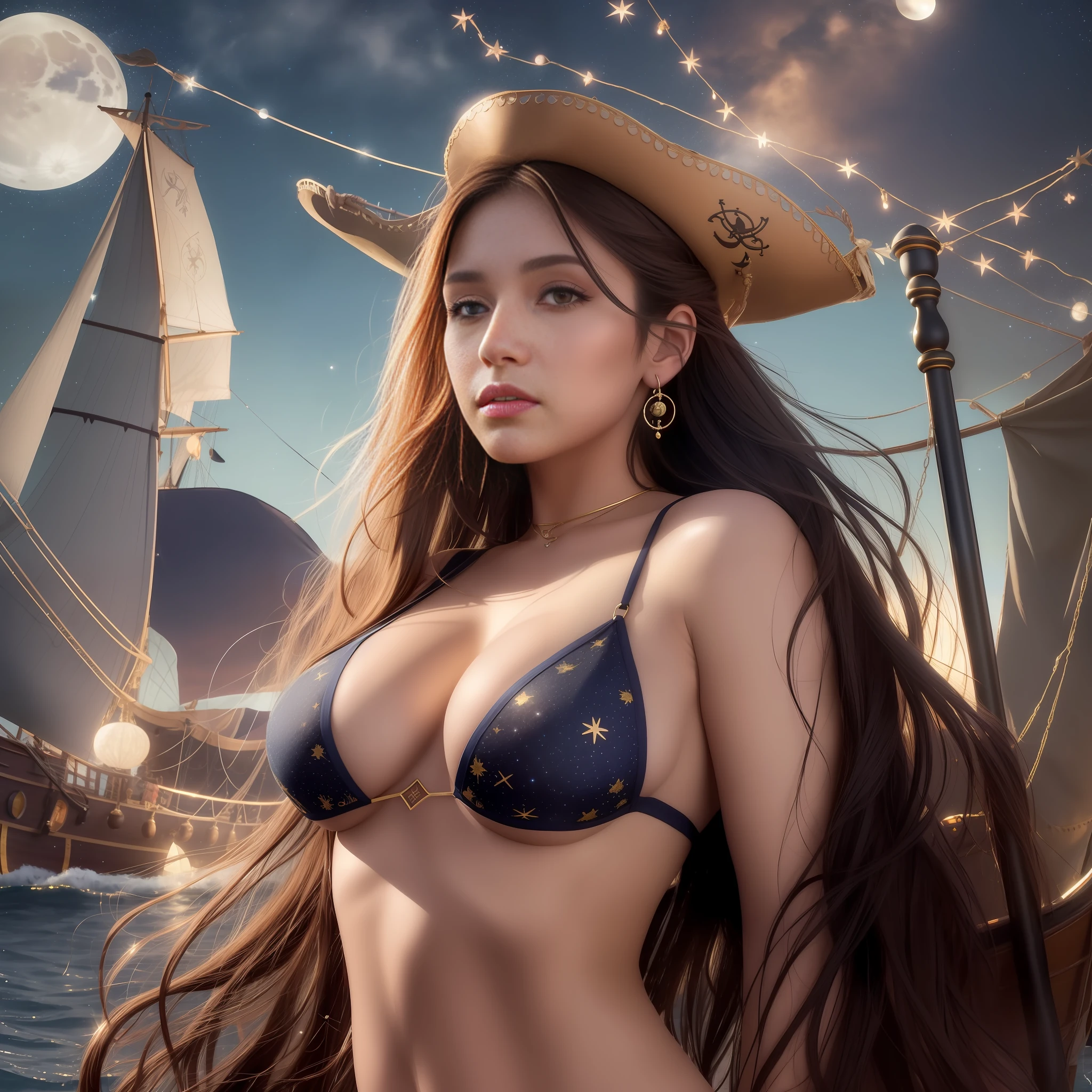 (Masterpiece) A beautiful Caucasian-Latin woman in a Caribbean port in the 1700s, wearing casual attire, some tribal tatos, symmetrical and detailed brown eyes with circular iris, perfect hands, perfect body, large breasts, no bra, messy hair. In the background, a pirate ship and a beautiful and realistic moon on a clear and starry night, Soft light in the moonlight, Positioned to capture the woman and the full pirate ship, deep and rich tones like navy blue, golden yellow and midnight black.