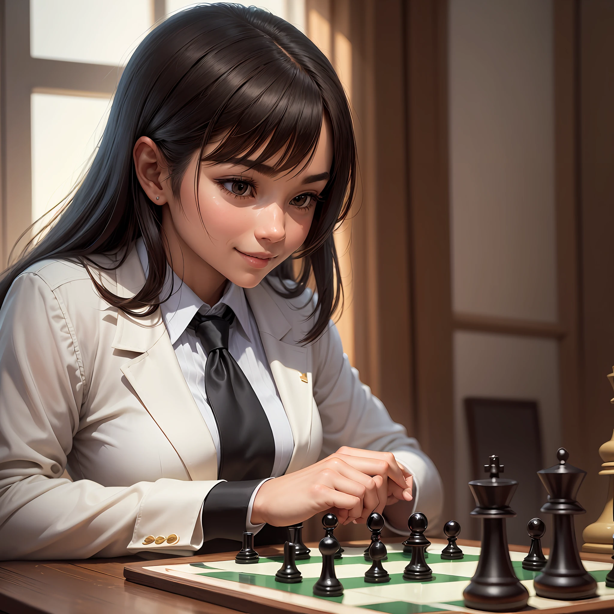"The human-shaped capybara is dressed in a black suit, with an impeccably starched white shirt and a striped tie. His hands are large and skilled, moving the chess pieces with dexterity and precision. She seems engrossed in her game, not caring about the time that has passed or what is happening around her.
The room is quiet and well-lit, with white curtains that let natural light in abundance. The air is fresh and clean, with a soft aroma of flowers coming from the garden outside. The capybara is completely immersed in her chess game, her face determined and concentrated as she calculates every move.
Suddenly, she makes a brilliant move, leaving her imaginary opponent with no way out. A satisfied smile spreads across the capybara's face as she looks at her newly placed piece on the board. She is confident, knowing that the victory is hers and that she has mastered the game with her unparalleled chess skill and strategy." --auto --s2