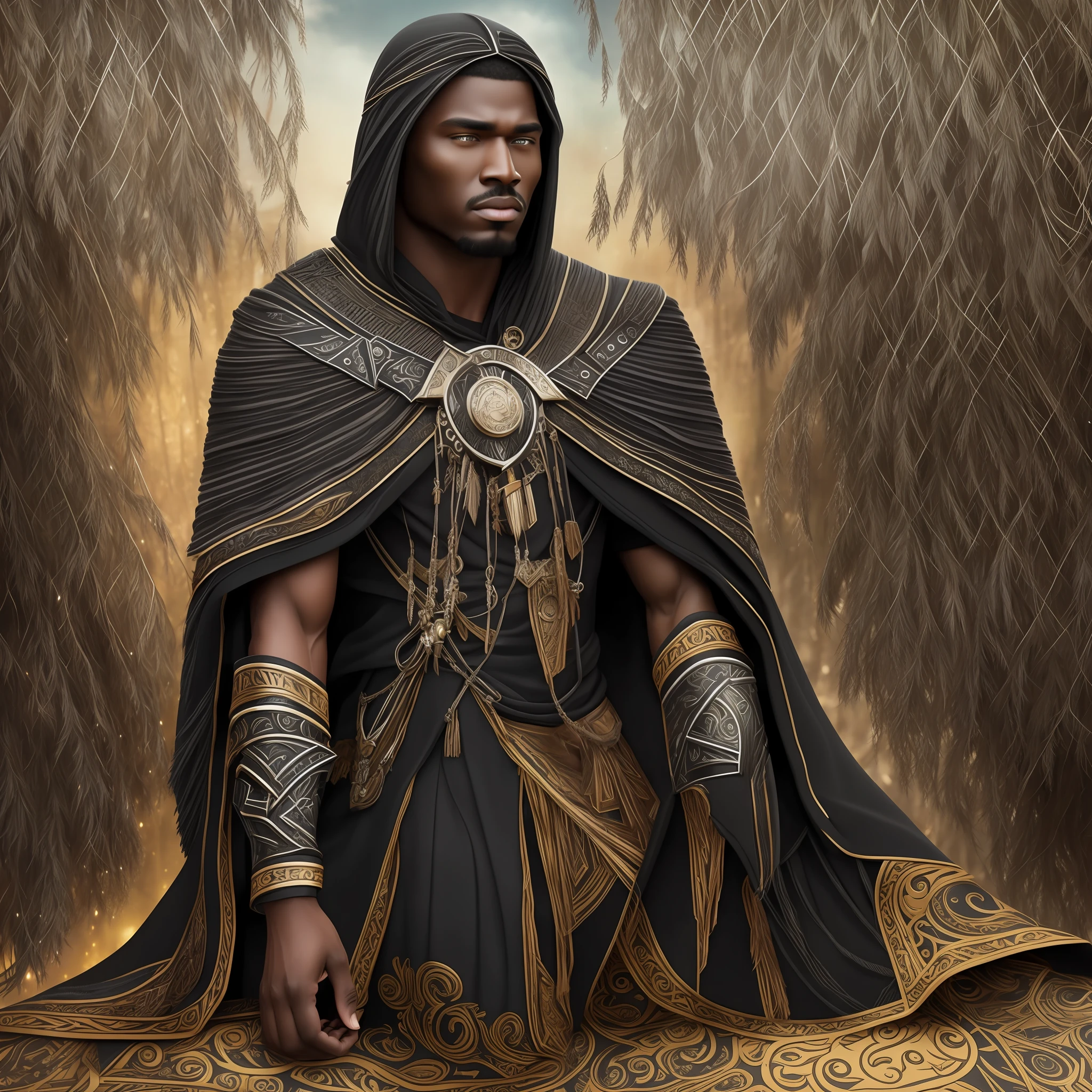 (detailed description) (best quality) A realistic man in a black cape, black realistic eyes, with realistic indigenous colored skin, black and realistic colored hair, with people kneeling before him --auto --s2