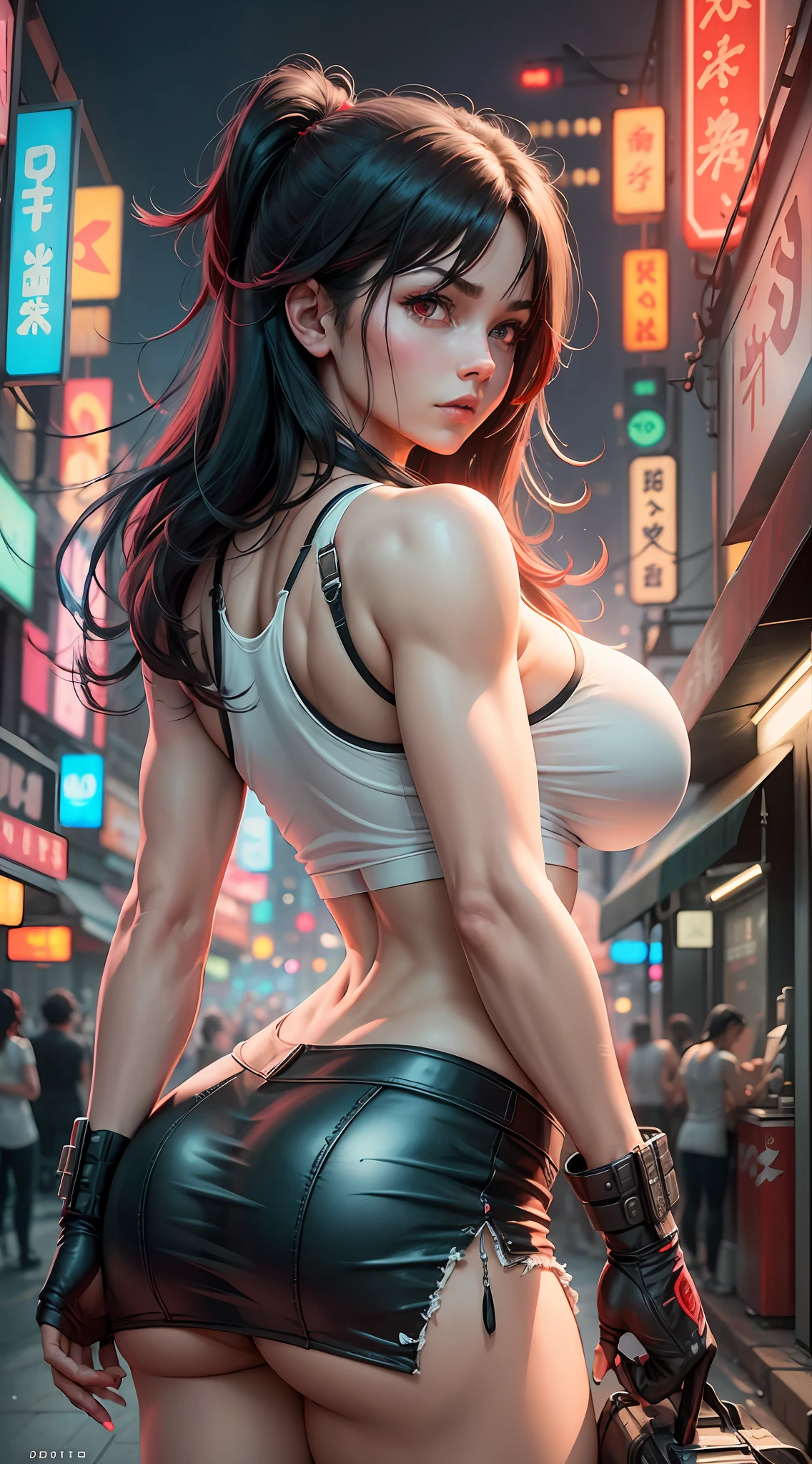 Tifa lockhart, tifa_lockhart,  ff7, sultry face, (white tank top:1.2), black miniskirt, (black long hair), hair bangs (red eyes:1.3) long eyelashes, beautiful red eyes with brightness, surrealism, shadow, stereogram, (photorealistic, realistic: 1.2), POV, atmospheric perspective, cinematic lighting, ray tracing, 8k, super detail, best quality, masterpiece, well detailed, (Canan EOS R6, 135mm, 1/1250s, f/2.8, ISO 400:0.9), cyberpunk, neon, neon signs, ramen shops, (huge breasts:1.5) red gloves --auto --s2