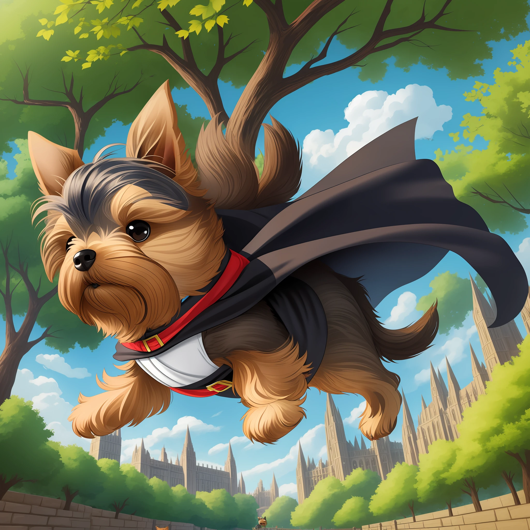 (yorkshire terrier wearing a cape flying over a park), perfect, cartoon style, detailed, inspiring, cool --auto --s2