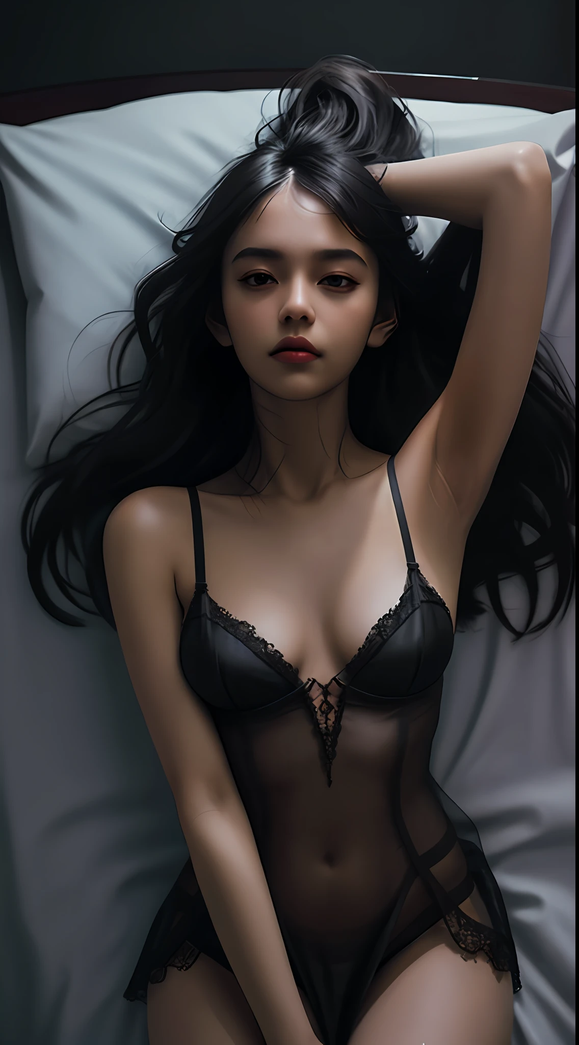 Slender Beauty Serious Themes, ulzzang-6500-v1.1, (raw photo:1.2), (photorealistic:1.4),seen from below, beautiful detailed girl, beautiful breasts with neat lower body small breast proportions, very detailed eyes and face, beautiful detailed eyes, ridiculous, incredibly ridiculous, huge file size, ultra detailed, high resolution, Very detailed, top quality, masterpiece,( Rotating bed in a super luxury hotel with luxurious interior, (Lying on bed Japan girl underground idol)), illustration, very detailed, CG, unification, 8k wallpaper, wonderful, fine details, ((tiny little breasts, sexually aroused most lewd pose)), (tiny little breasts, most sexual expression) breasts, Beautiful lower body neat and beautiful proportions, black hair 17 year old girl lying on bed lying down, masterpiece, top quality, very detailed CG uniform 8k wallpaper, light on face, (tiny small breasts, falling figure), small breasts, beautiful lower body neat and beautiful proportions, 17 year old girl lying on bed wearing penta black super sexual flashy nightgown, masterpiece, top quality, Highly detailed CG uniform 8k wallpaper, twisted pentablack supersexual flashy nightgown, of a 17-year-old girl lying down with light on her face, spotlights (no panties) (no bra)), (lying down posing))), (showing small breasts), (half), (penta black supersexual flashy nightgown) ((( No panties) (no bra)), (Close your eyes), (17-year-old girl sleeping on a rotating bed in an ultra-luxury hotel with a view of the luxurious interior), (No panties) (No bra)), (Dynamically posing sexually lying on a rotating bed in an ultra-luxury hotel))), (Show small breasts), (Half), Penta black supersexual flashy nightgown) ((without panties) (without bra)), ((sleeping on a rotating bed in an ultra-luxury hotel with one dark spotlight around the darkness, with a luxurious interior) (sleeping sideways in a sexual pose on a rotating bed in an ultra-luxury hotel with a luxurious interior), a masterpiece of deviant art, color br