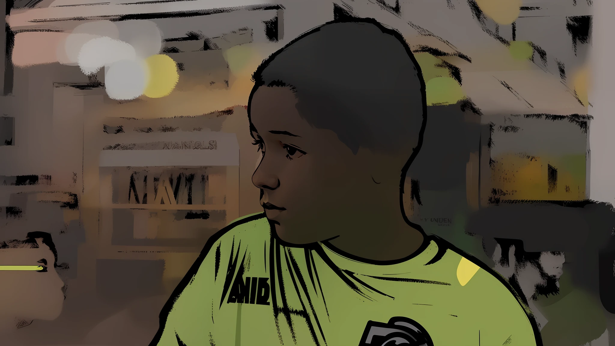 There is a boy in a yellow shirt standing in front of a store, digital art but photo, drawn in Microsoft ink, drawn with Photoshop, digital painting #1 of all time, #1 digital painting of all time, painted digital, looking to his left, detailed face without blur, grainy image, posterized color, low quality grainy, digital sketch --auto --s2