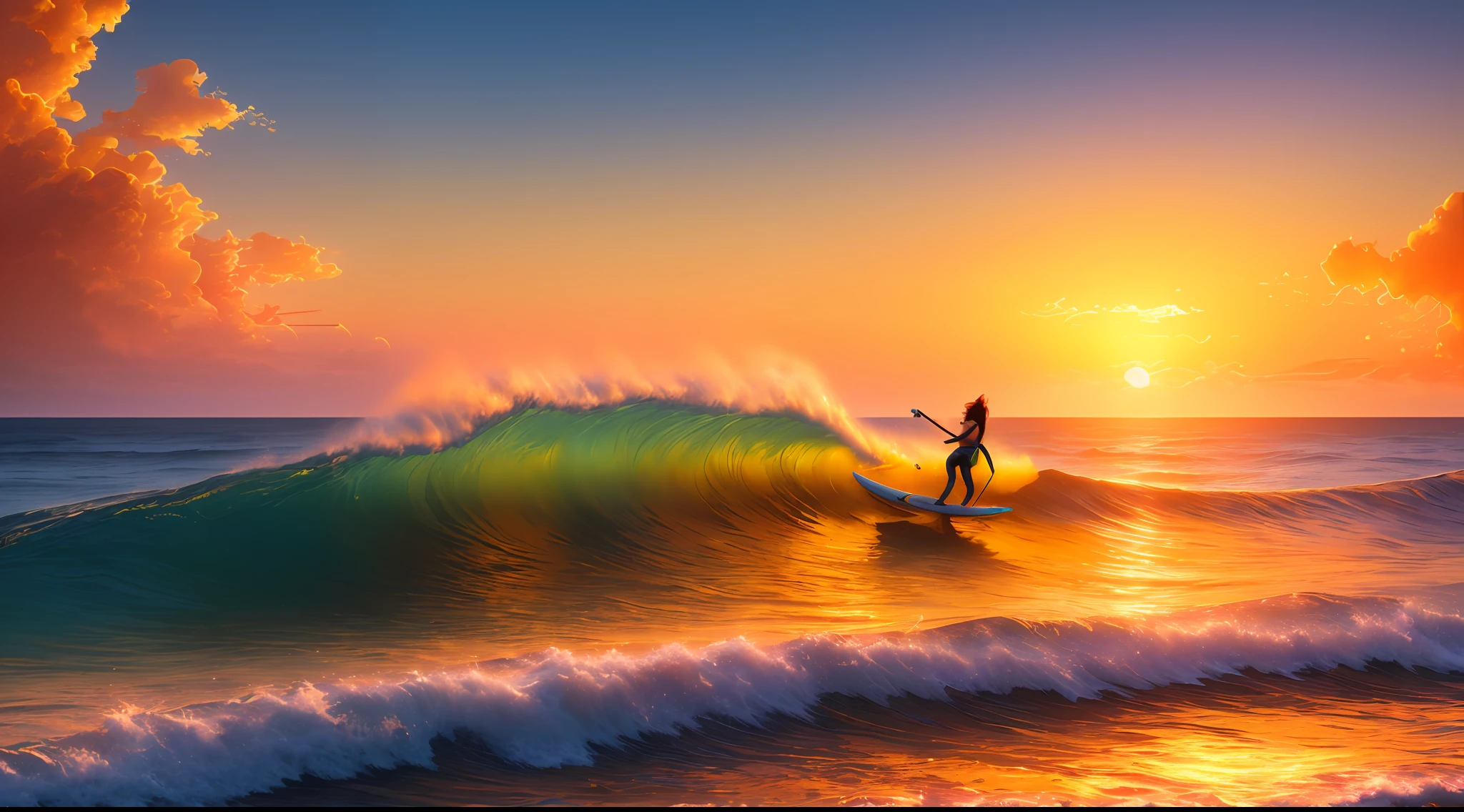 masterpiece, top quality, (8k highly detailed CG unit wallpaper) (highest quality), (best illustration), (best shadow) golden sea waves, bright orange youth sunset passing through the waves, golden water droplets fly, (: 1.6), female surfer