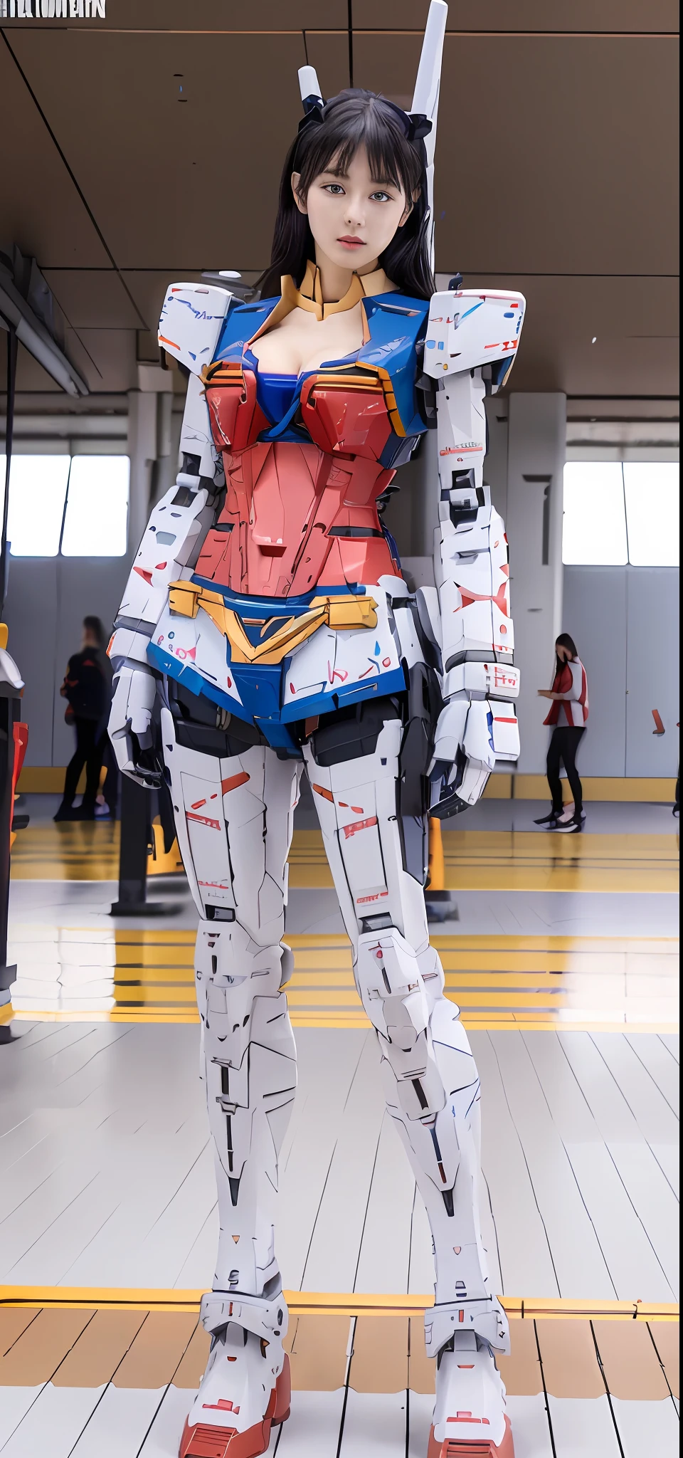 Gundam (RX78\), Ultra High Definition, Best Quality, Photography, 4K, (Photorealistic:1.4), 1 Girl, (14 Years Old) Solo, (Full Body: 1.1), Black Hair, Beautiful Face, Beautiful Eyes, (Cleavage Exposed), (Navel Exposed), (Arm Exposed), (Thighs Exposed) (Bukini-style Gundam-style Mecha Armor in White, Blue, Red, Color) (Small Face Slim), At Makuhari Messe cosplay venue, mechanical armor, depth of field, motion line, perky breasts, bra lift, chest slip, full body, standing, (Gundam style cosplay),