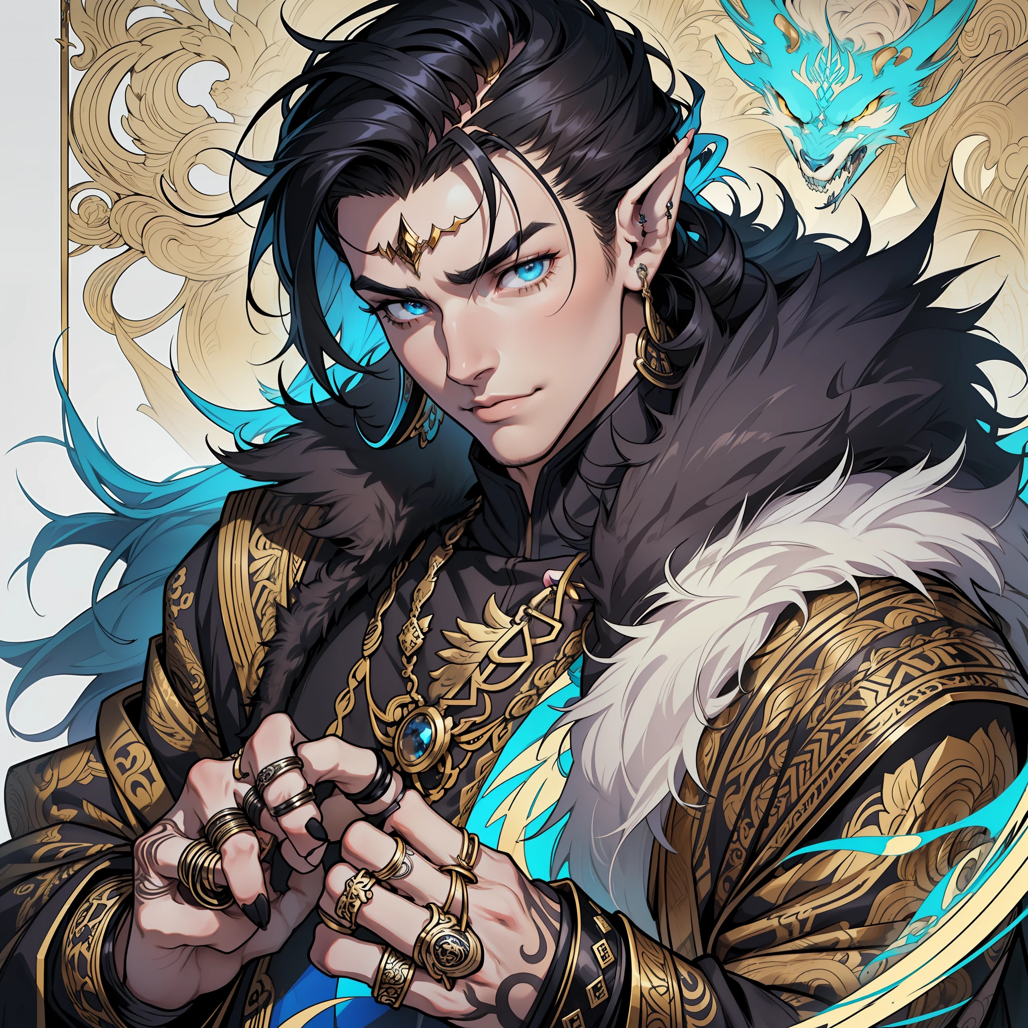 (inked original-art:1.2),(lineart:1.33), 1 male, full body concept art half-elf, close-up, asian, wearing a noble robes with a thick bear fur coat, (fashion:1.2), (elaborate rings on fingers:1.5), crisp, detailed hands, detailed fingers (depth) hair stylized into a Wolfcut, poster-art, (looking to the side) (hyperdefined) (thin-lines), black hair with bright white streaks, Fantasy DND aesthetic, white blue yellow brown, complex-lighting,(fine-details:1.3),RAW-format,clean,intricate