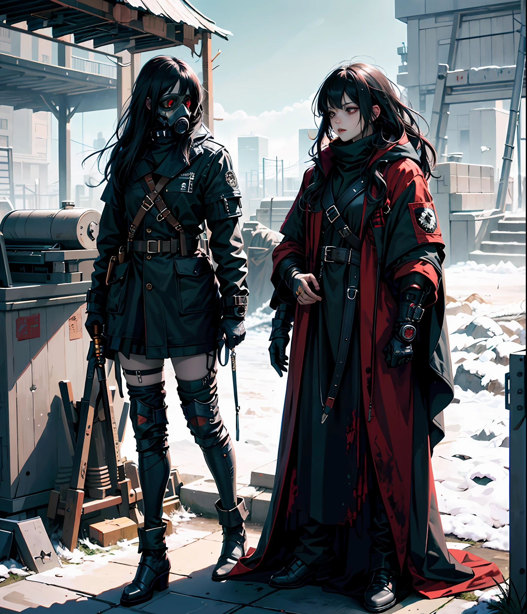 official art, unity 8k wallpaper, ultra detailed, beautiful and aesthetic, High quality, beautiful, masterpiece, best quality, flat color, limited palette, low contrast, 2girl, long straight black hair, skull, (red, black), (horror), (gloomy), blood, gasmask