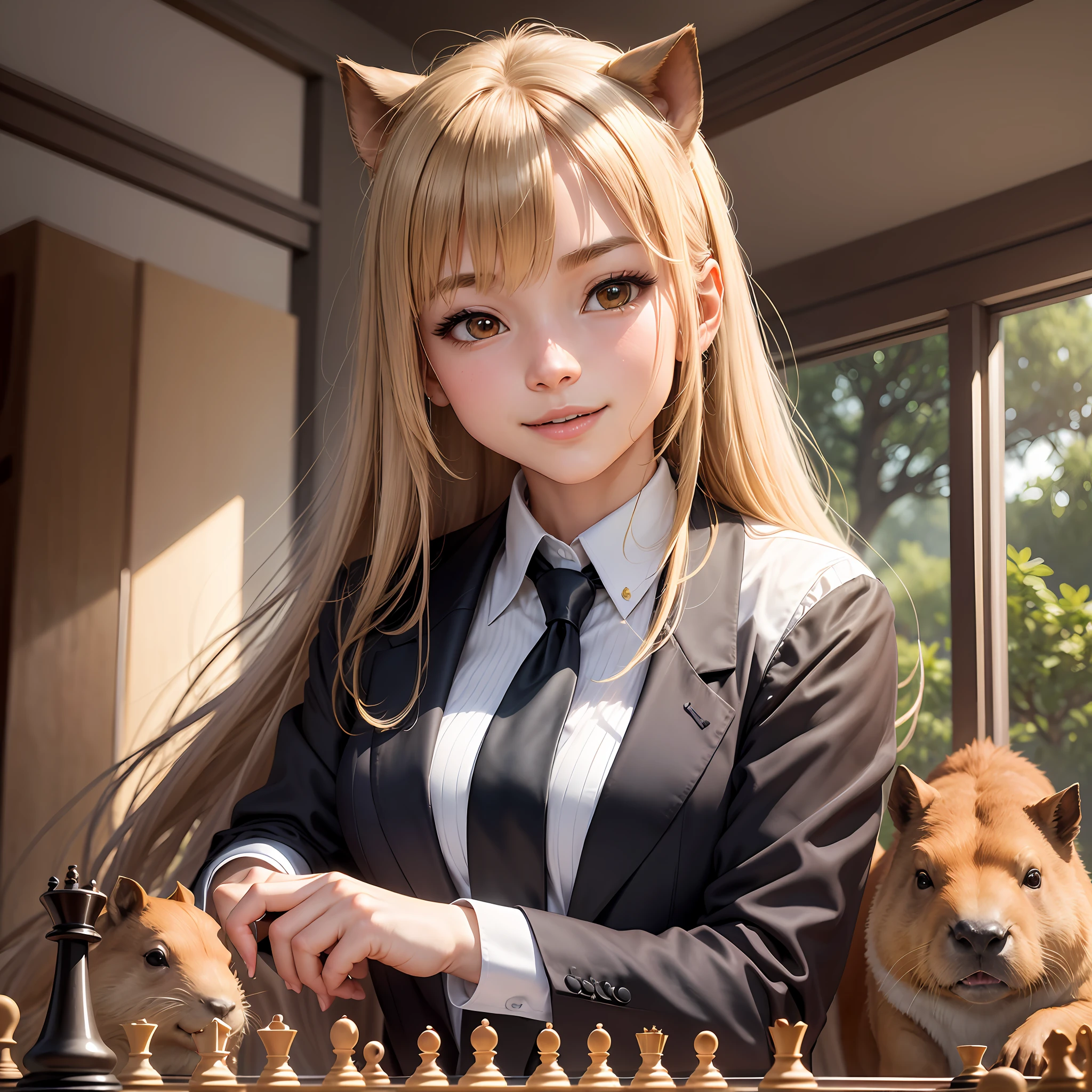 "The human-shaped capybara is dressed in a black suit, with an impeccably starched white shirt and a striped tie. His hands are large and skilled, moving the chess pieces with dexterity and precision. She seems engrossed in her game, not caring about the time that has passed or what is happening around her.

The room is quiet and well-lit, with white curtains that let natural light in abundance. The air is fresh and clean, with a soft aroma of flowers coming from the garden outside. The capybara is completely immersed in her chess game, her face determined and concentrated as she calculates every move.

Suddenly, she makes a brilliant move, leaving her imaginary opponent with no way out. A satisfied smile spreads across the capybara's face as she looks at her newly placed piece on the board. She is confident, knowing that the victory is hers and that she has mastered the game with her unparalleled chess skill and strategy." --auto --s2