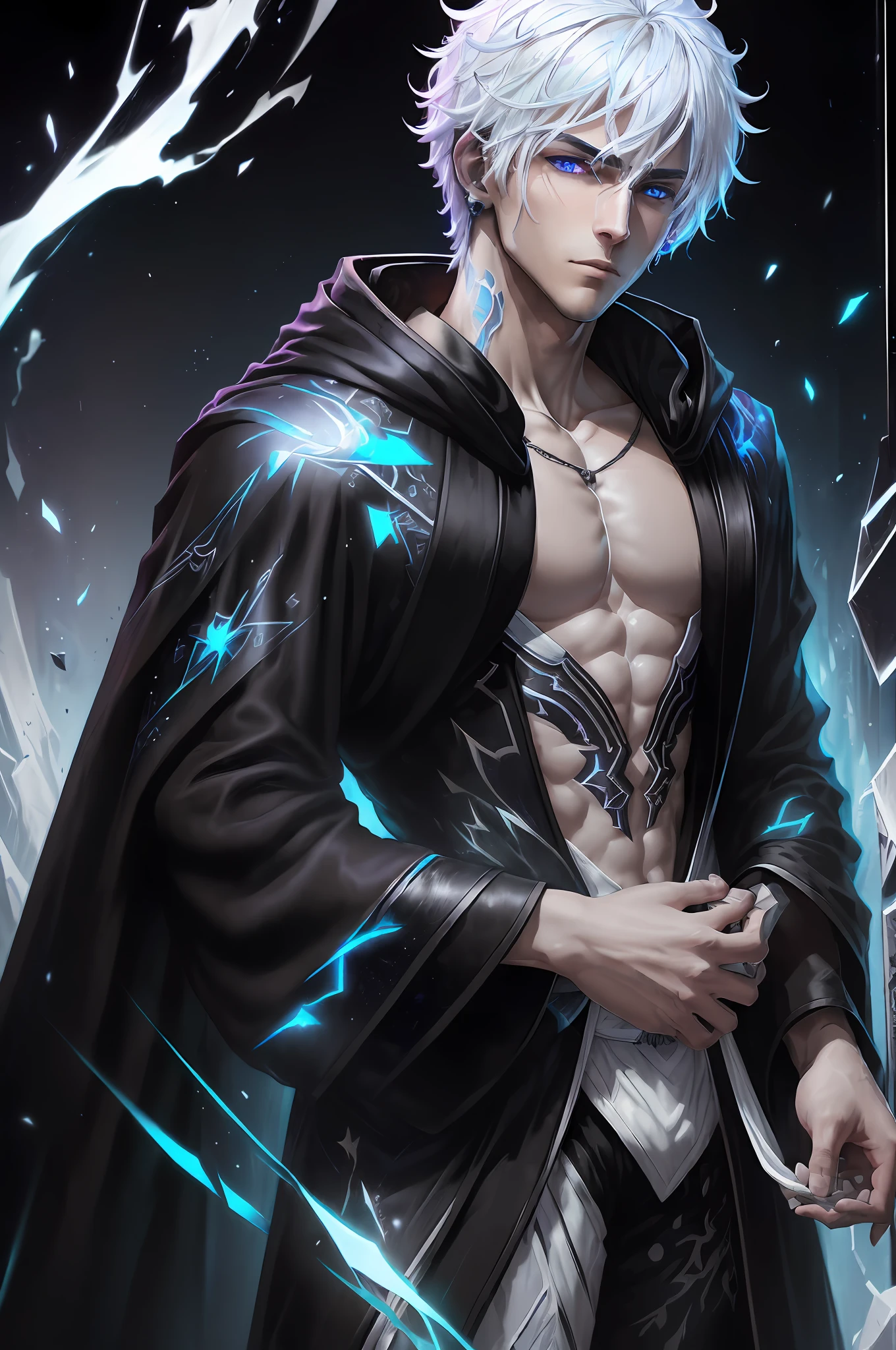 Cyberpunk male, fantasy world, dark background, clean design, epic instagram, artstation, colorful paint splatter, silhouette, hyper detailed intricate details, unreal engine, fantasy, intricate details, splash screen, complementary colors, Fantasy concept art, 8k resolution, deviantart masterpiece, oil painting, heavy strokes, paint dripping, (isolated on white background: 1.3), rainbow skin, (((handsome young man))), ((age:1.5) ), (glowing blue eyes), ((light eyes)), ((((short white hair: 1.1))), ((black clothes)), (prince\\(indifferent expression\\),, ( ((Wears high detail luxurious black robe))), white hair, frost magic, ((chest) --auto --v 6 --s2