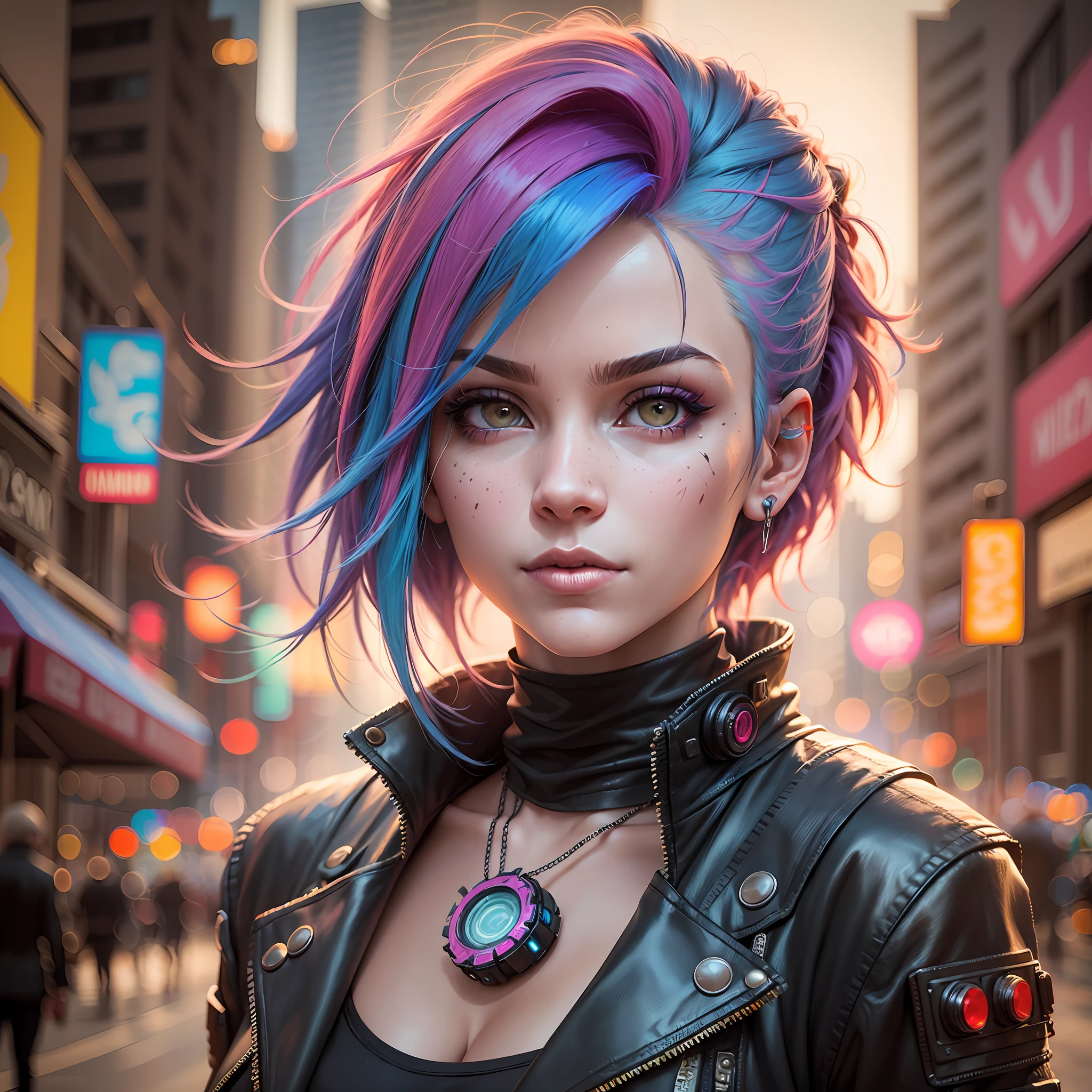 A woman with colorful hair style cyberpunk, sharp facial features, cinematic, 35mm lens, f/1.8, highlight lighting, global lighting –uplight –v 4 -imagine --auto --s2