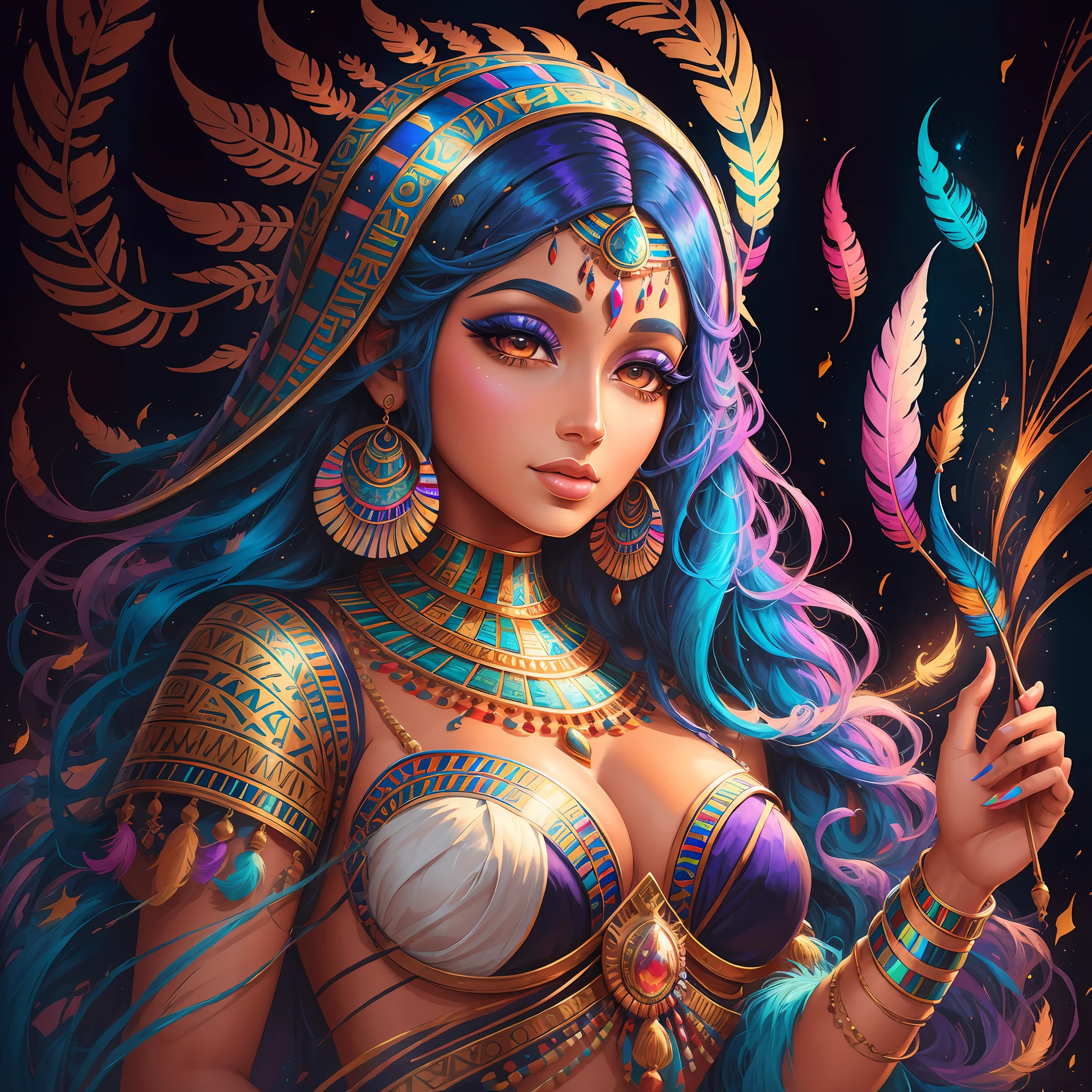 Painting of an "Egyptian woman" with colored hair and a feather, beautiful UHD 4K art, colorful art, beautiful digital art, gorgeous digital art, stunning digital illustration, vibrant digital painting, colorful digital painting, beautiful art illustration, stunning 8k art, colorful digital fantasy art, exquisite digital illustration, colorful digital art, beautiful digital art, colorful illustration --auto --s2