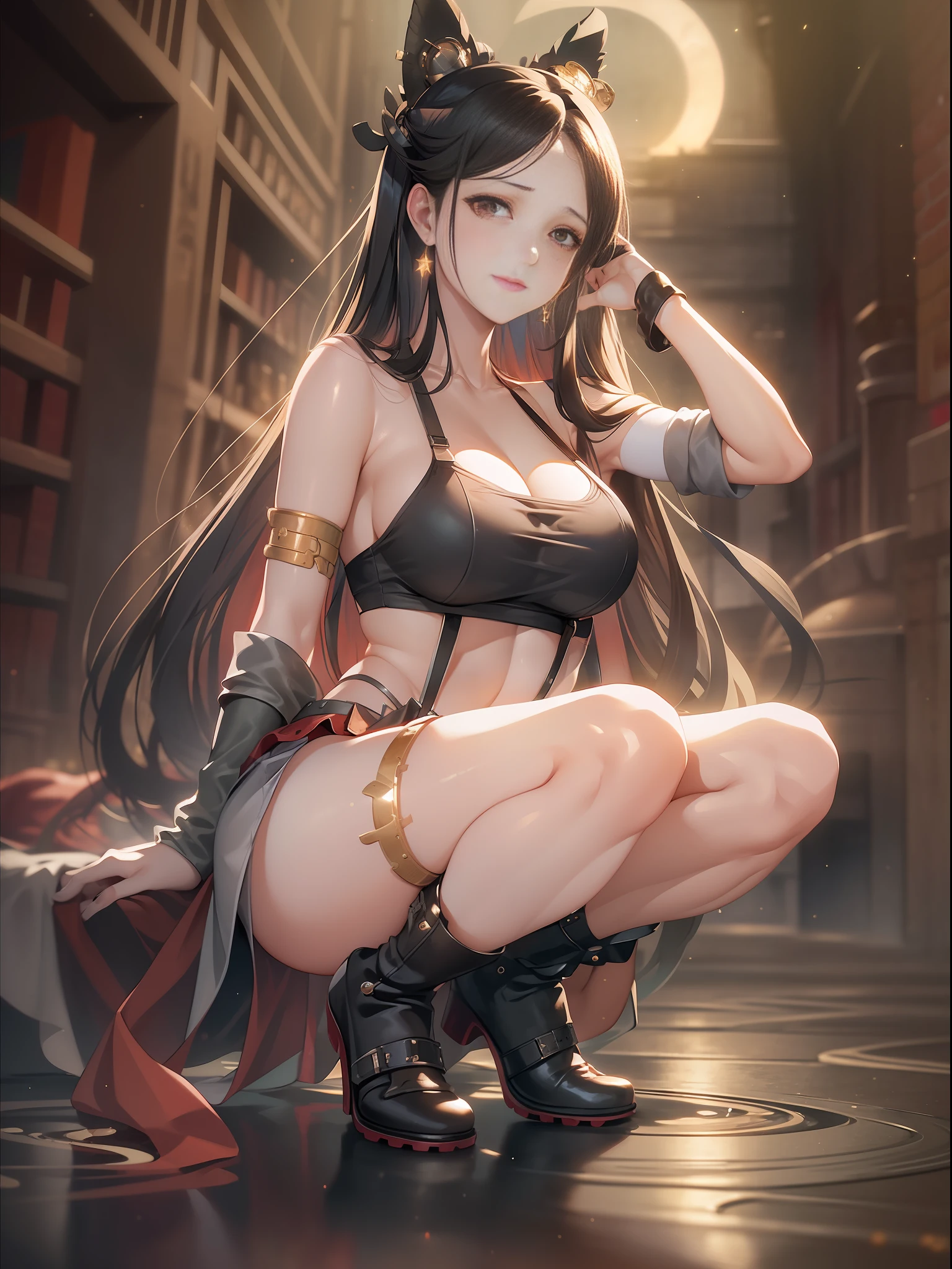 (masterpiece, best quality, intricate details, chromatic aberration), (realistic),(skin),long legs, , ((detailed intricate)), ((hyperrealistic)), res, milf, perspective, highly detailed, illustration, large breasts, perfect hands, detailed fingers, beautiful detailed eyes, long hair, brown eyes, badge, neck ring, earrings, detailed background, perfect eyes, seductive eyes, looking at the viewer, tifa lockhart, final fantasy vii remake, ankle boots, red shoes, black skirt, suspended skirt, white tank top, crop top, elbow gloves, gloves, black hair, very long hair, large breasts, uncharacterized eyes, ultra detailed eyes, suspenders, sports bra, light smile, standing|sitting, outside, bottom of the industrial zone, narrow street, night, puddles on the asphalt, reflection, small moon in the sky, starry, after rain, legs open, gray pantyhose,