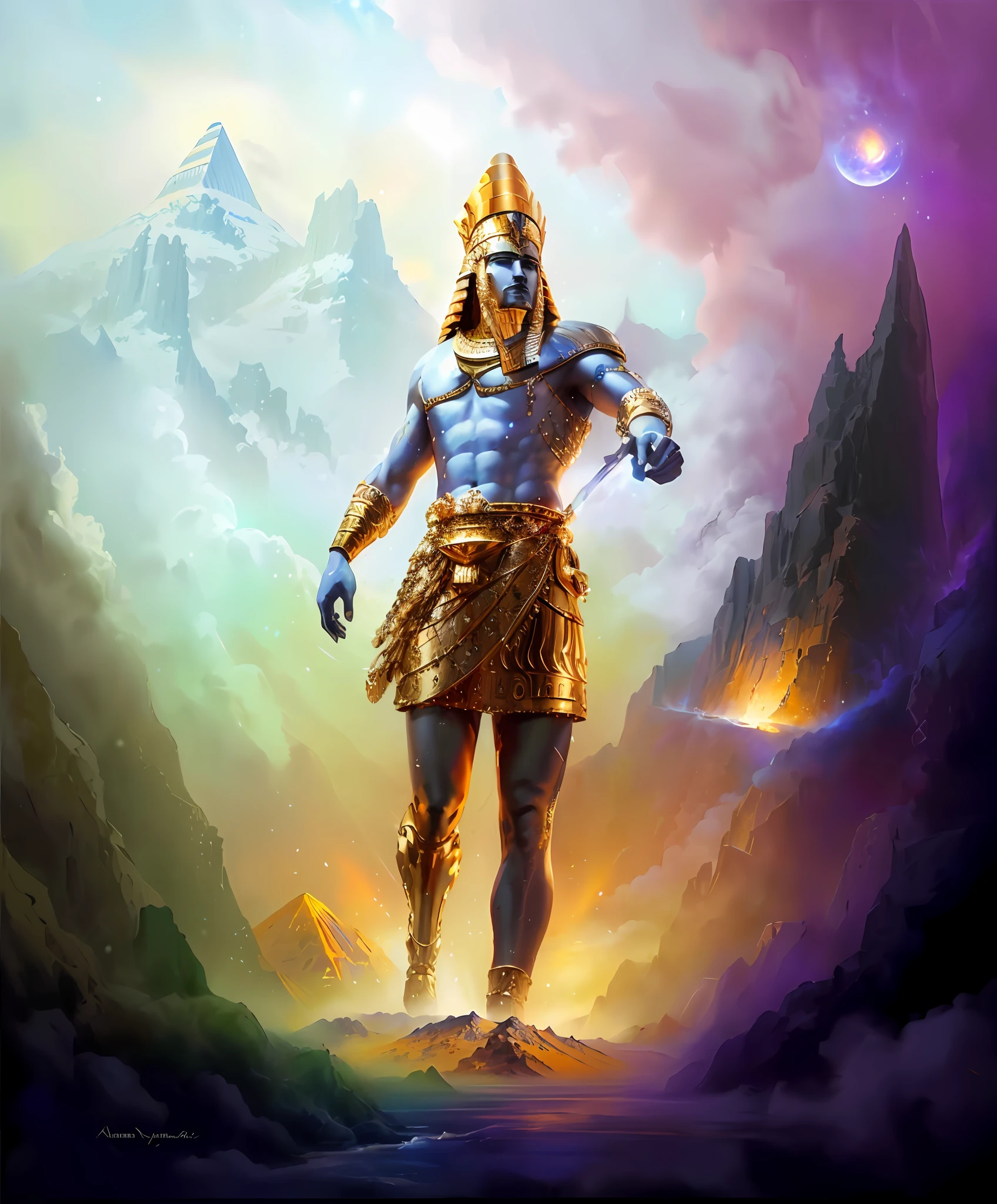 A painting of a Persian fear king in a golden headdress in front of a mountain, a huge giant celestial god, the Annunaki making humans, ancient blacksmith god, Olympian god, storm, the Egyptian god, ancient god, Goliath painting, Atlantean warrior, god concept art, colossus of Rhodes, the colossus of Rhodes