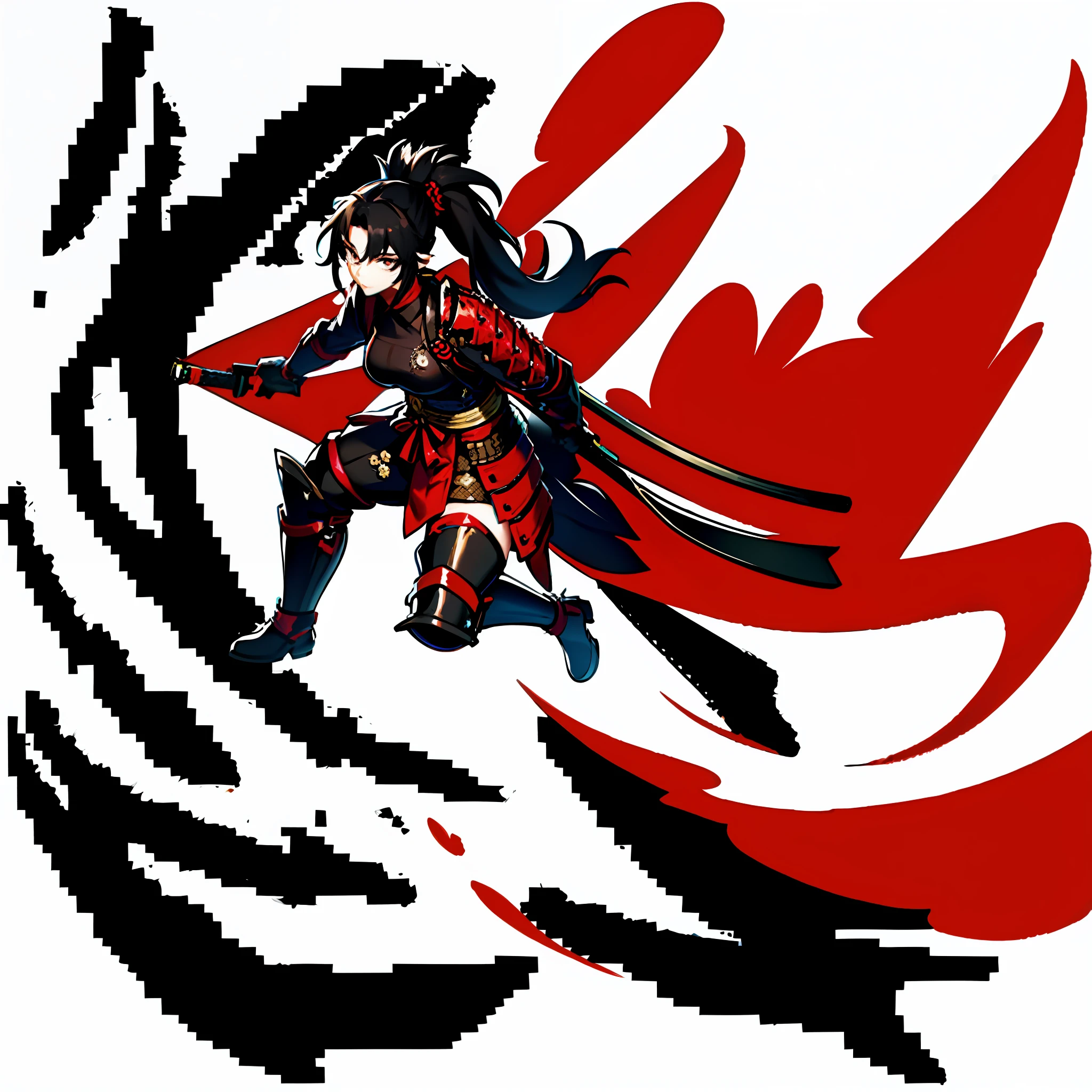 masterpiece, best quality, 1girl, solo, ponytail, black hair, breasts, red and black samurai armor, looking at viewers, splash art, black background