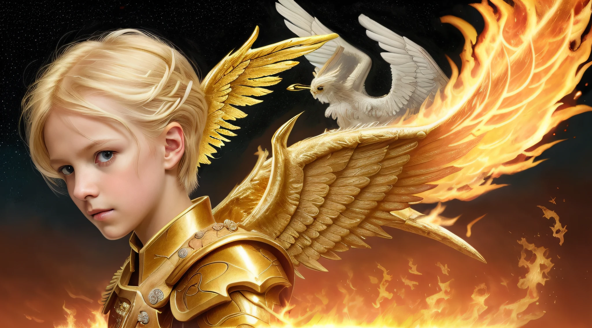 best quality, 4k, (sharp focus: 1.1), realistic detail, angel CHILD with blonde hair, fantasy, fantasy portrait, fire, (wings made of fire: 1.3), gun made of fire, white and gold metal armor engraved, halo made of fire, night sky,