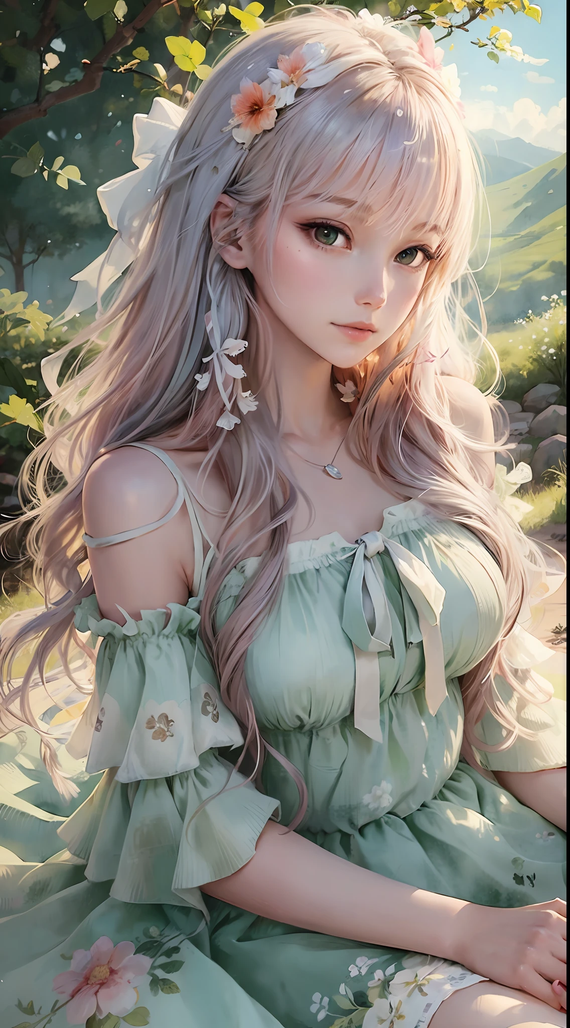 close up, beautiful watercolor-style illustration of a beautiful woman sitting on a grassy hill wearing a flowing dress adorned with ribbons and bows, breeze blow her hair and dress, all while imagining the amazing adventures awaiting her, vivid landscapes