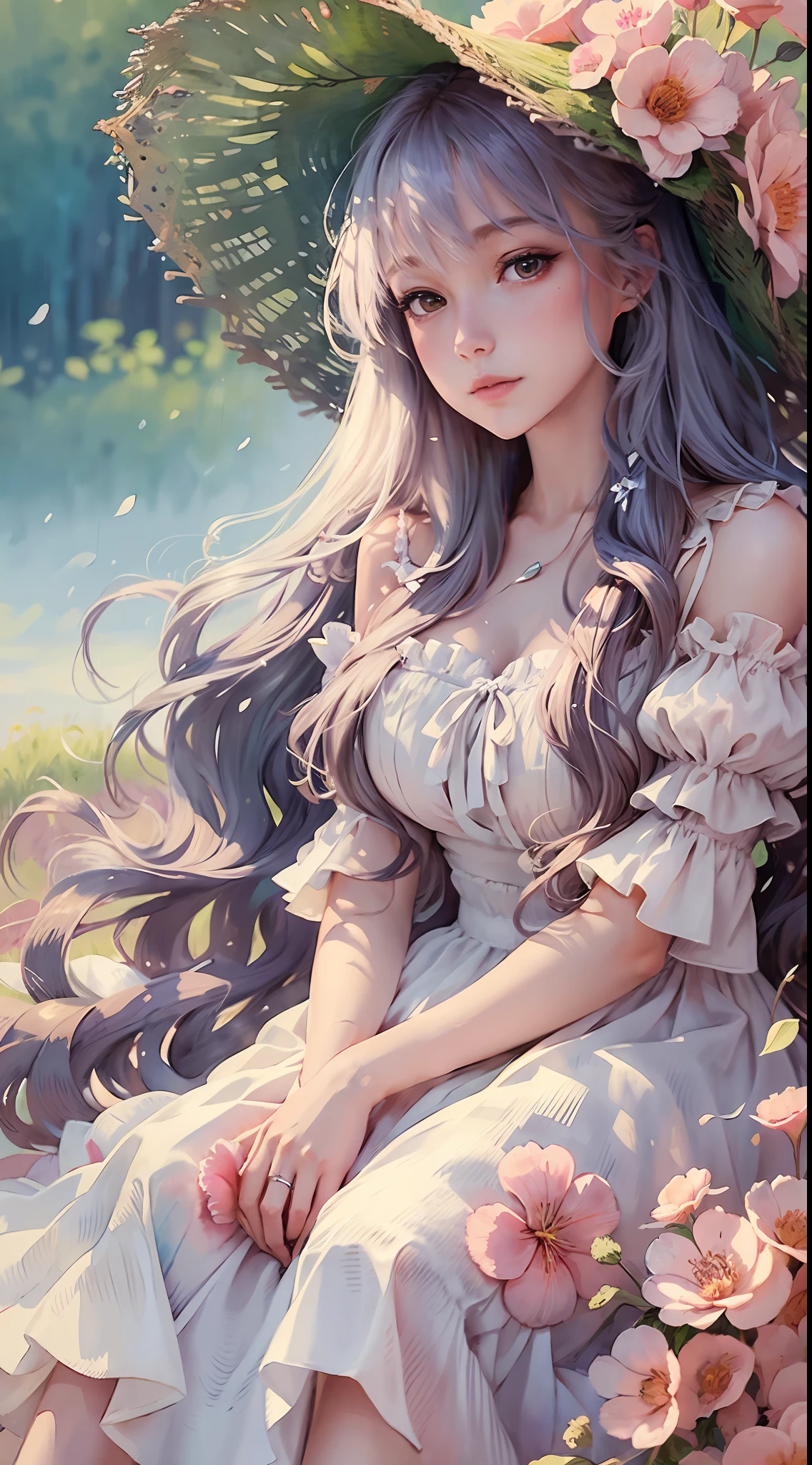 close up, beautiful watercolor-style illustration of a beautiful woman sitting on a grassy hill wearing a flowing dress adorned with ribbons and bows, breeze blow her hair and dress, all while imagining the amazing adventures awaiting her, vivid landscapes