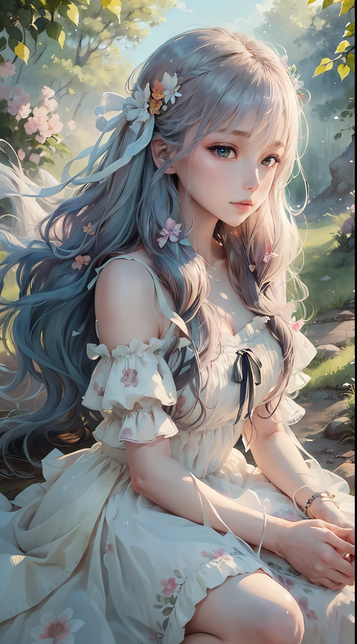 close up, beautiful watercolor-style illustration of a beautiful woman sitting on a grassy hill wearing a flowing dress adorned with ribbons and bows, breeze blow her hair and dress, all while imagining the amazing adventures awaiting her, vivid landscapes