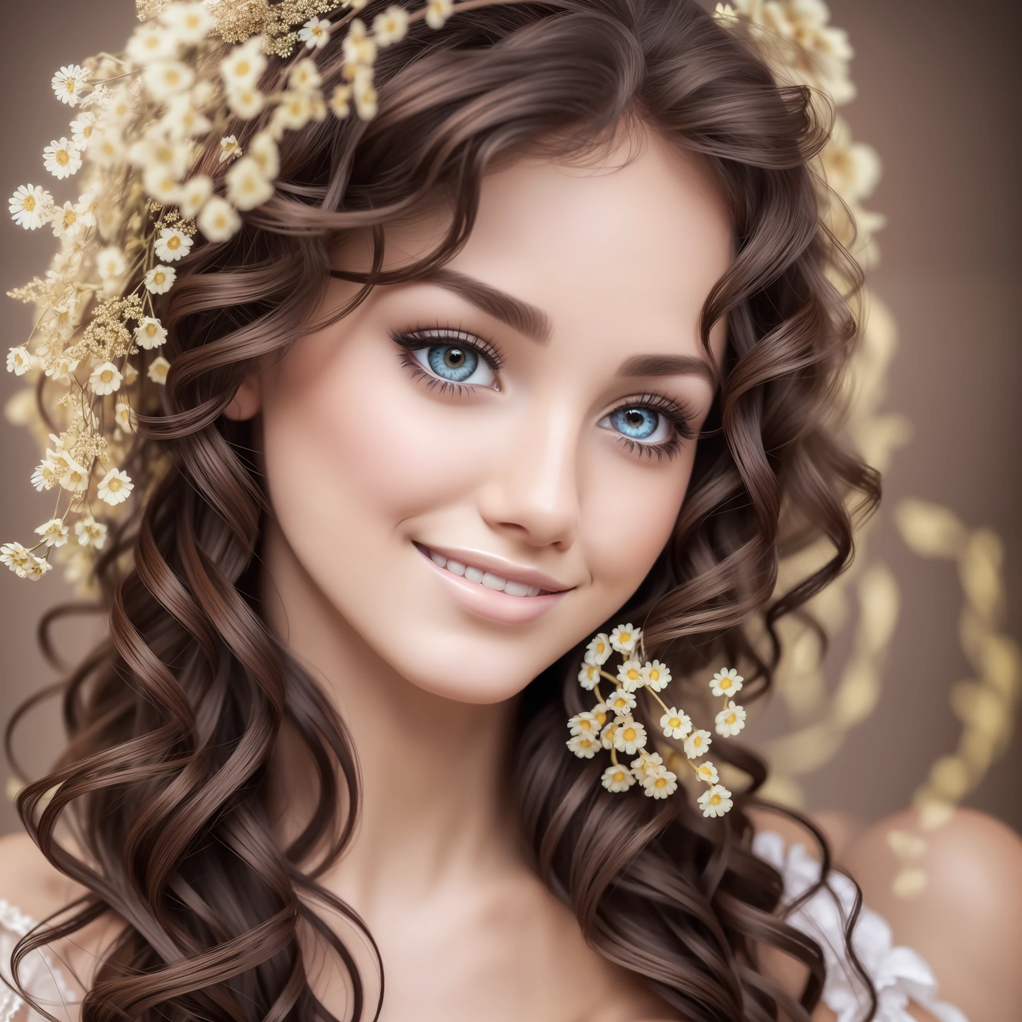 photo, woman (beautiful face:1.1), detailed eyes, delicious lips, (kitten makeup:0.85), smile, wearing dress, brunette skin, curly hair,realistic face, angelic face, brown eye --auto --s2