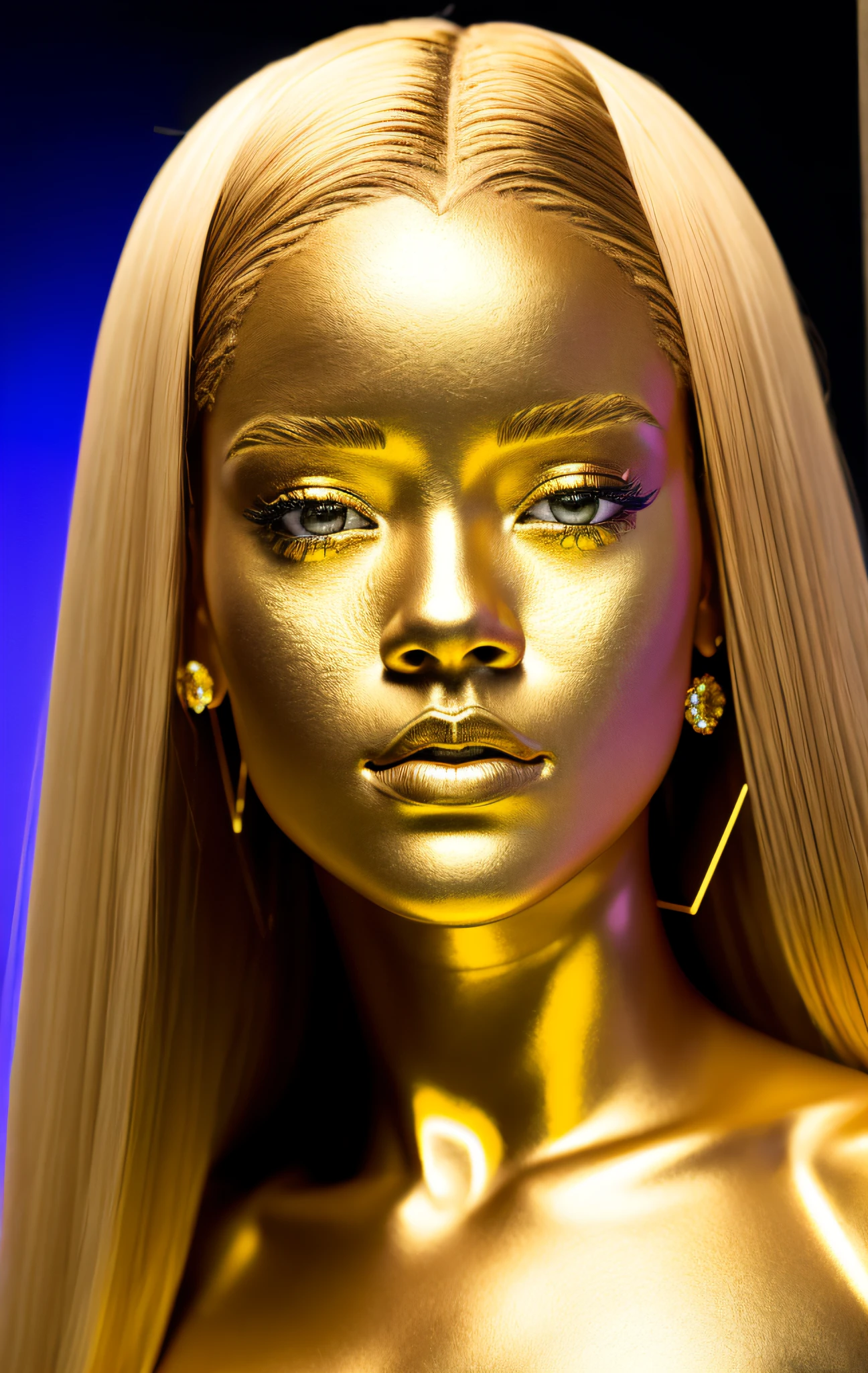 Rihanna, (8k, RAW photo, best quality, masterpiece: 1.2), (realistic: 1.3), (photorealistic: 1.3), ultra-detailed, (highly detailed skin: 1.2), 8k uhd, dslr, soft lighting, high quality, grain film, Fujifilm XT3, best quality, beautiful lighting, detailed face
(woman like golden cyborg sitting on a throne: 1.2), (gold_android: 1.3), (body shape: 1.3), heels, detailed body of the electronic part, (body with incrustated gemstone: 1.3), blonde hair, tiara with diamond,
(wires and circuit boards, machine connected to the body, wired connection, palace bottom: 1.3),