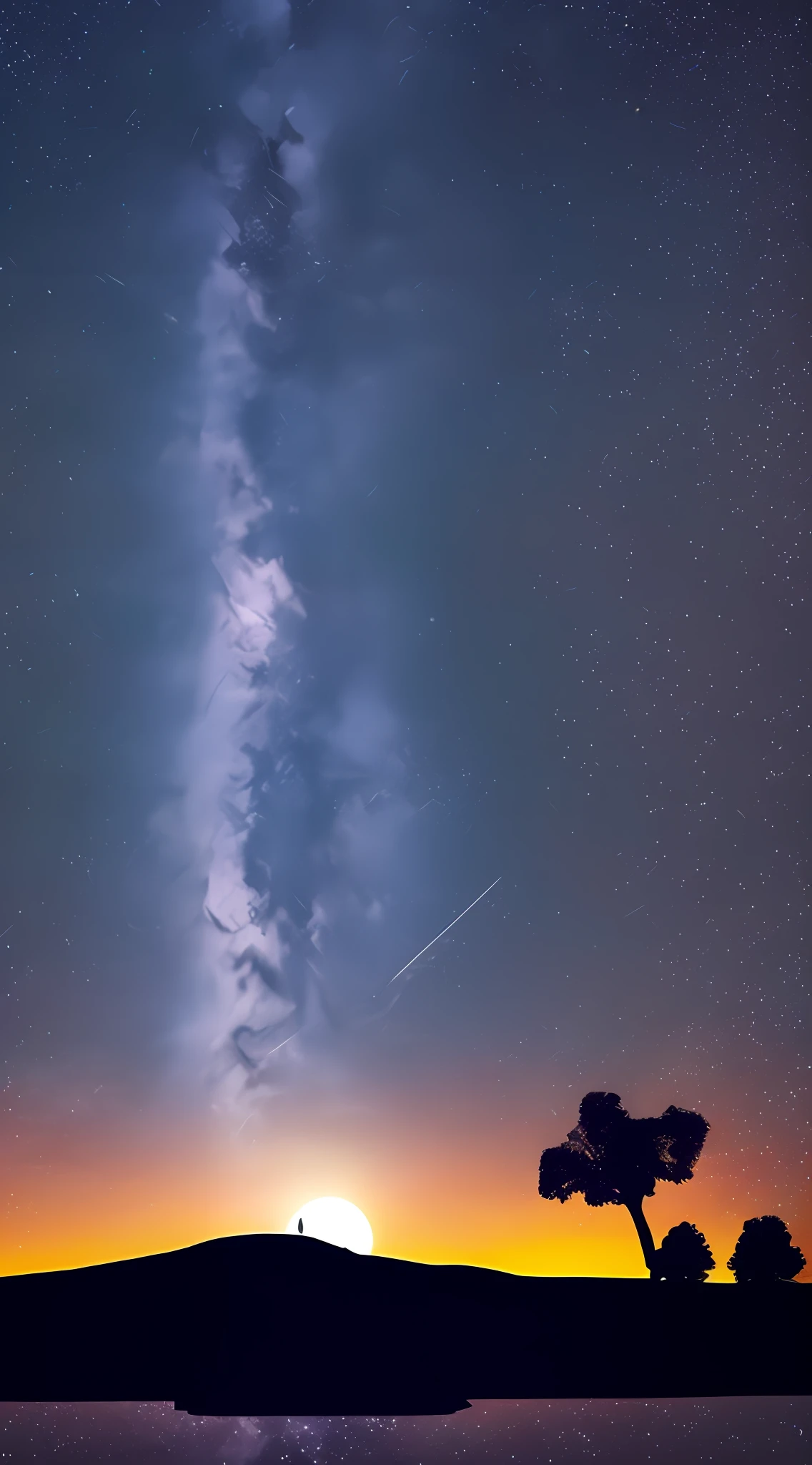 Create a landscape separating the right side with the night sky and full of stars, also create the moon, and on the left side the sun illuminating strong --auto --s2